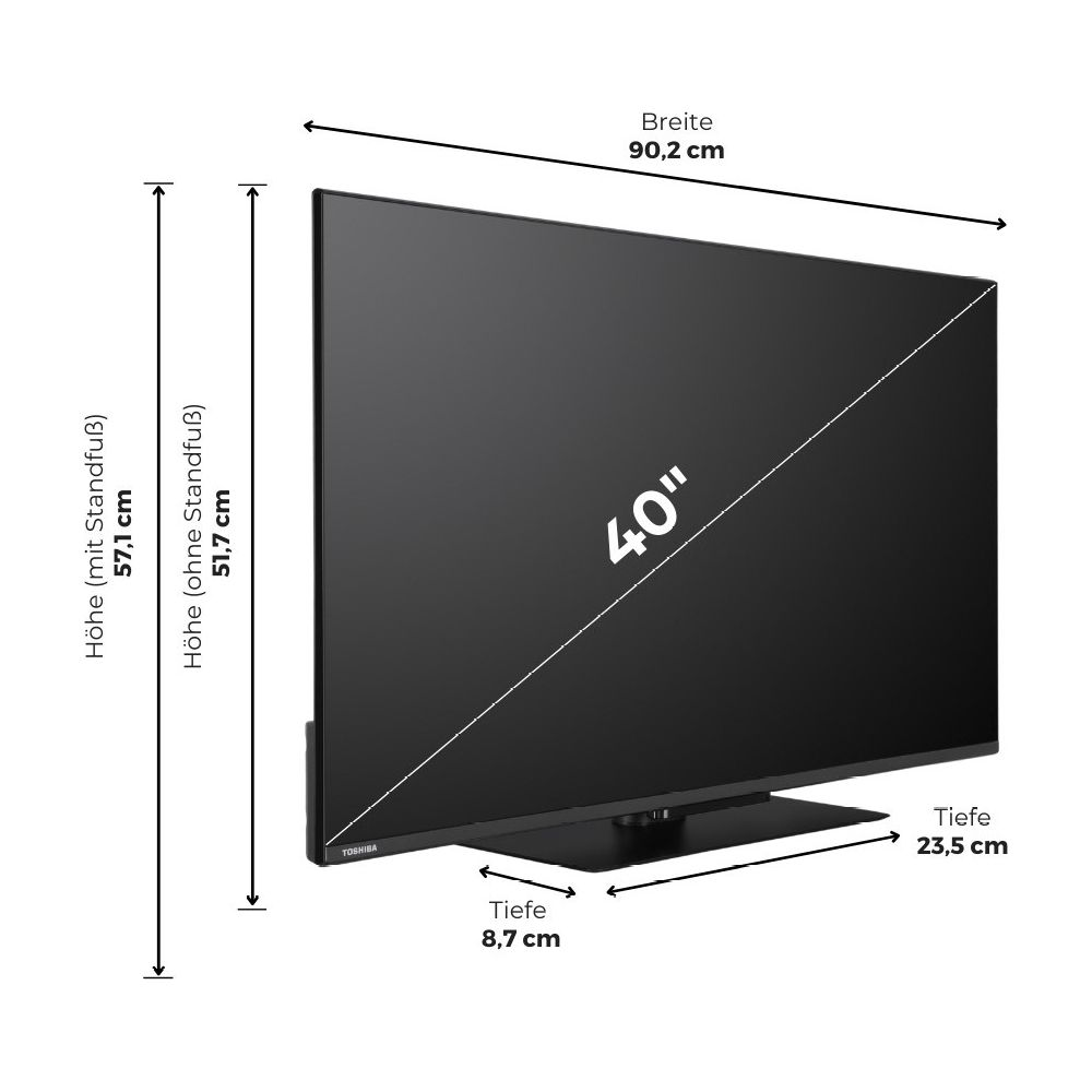 Diagramm zeigt die Maße eines 40-Zoll-Fernsehers mit Breite, Höhe und Tiefe.