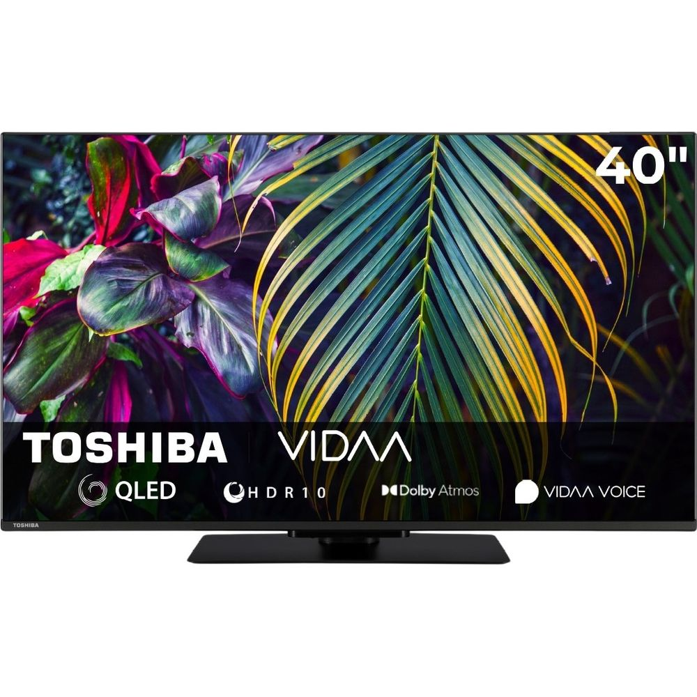Ein 40-Zoll-Toshiba-QLED-Fernseher zeigt ein tropisches Pflanzenbild, mit VIDAA-, HDR 10- und Dolby-Atmos-Logos.