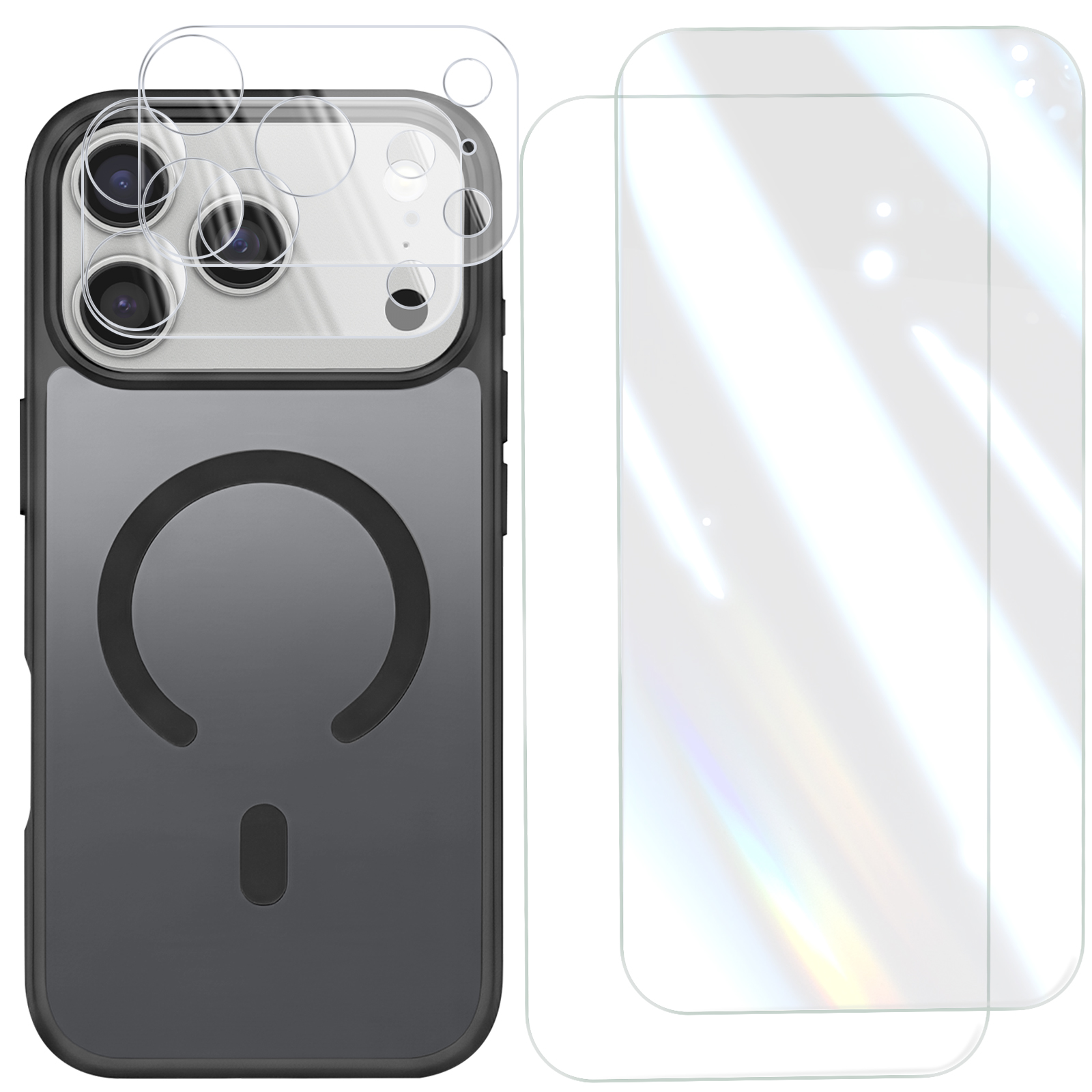 Schwarze Smartphone-Hülle, Kamera-Displayschutz und zwei Schutzfolien für das Display.
