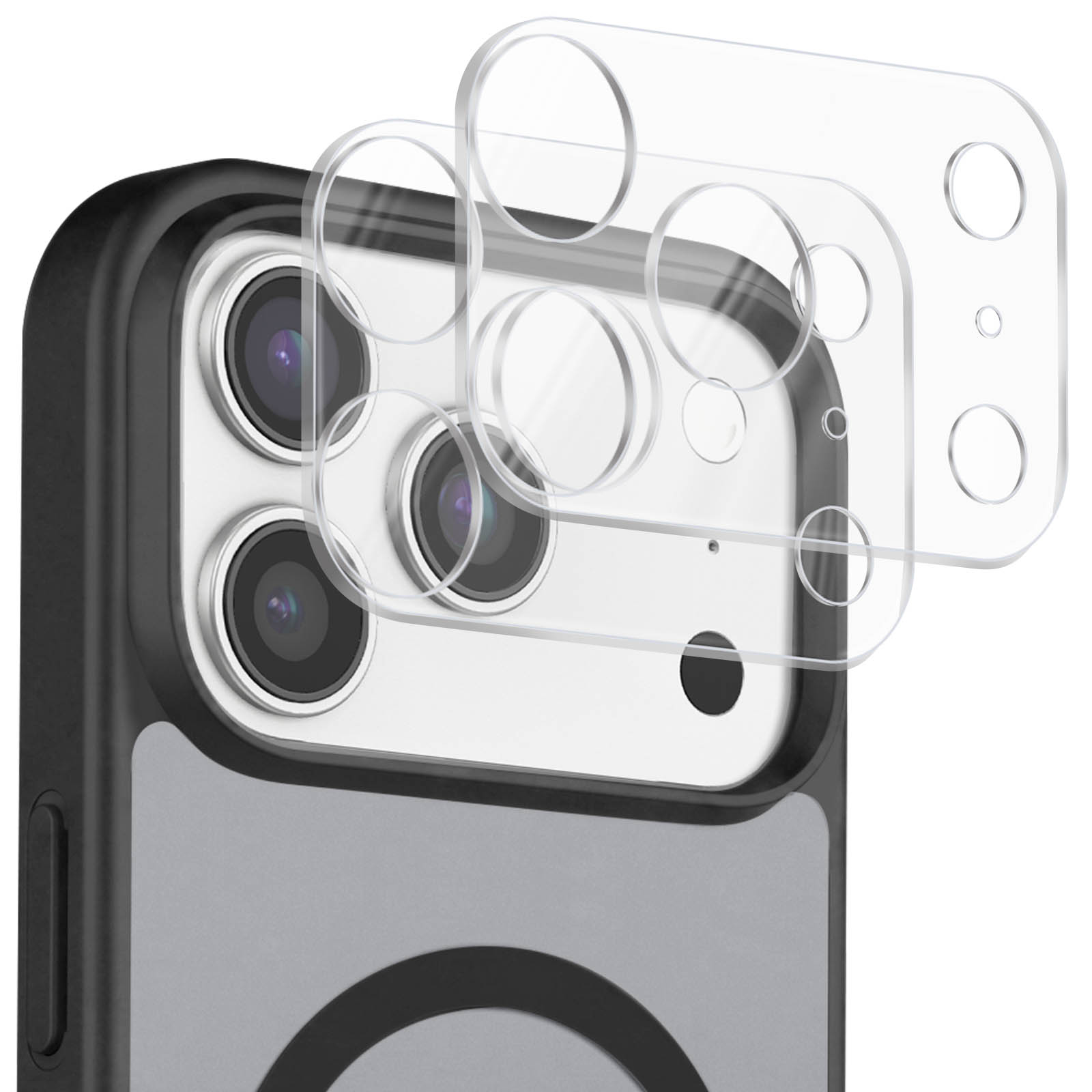 Transparente Kameraglas-Schutzfolien über dem Triple-Kameramodul eines Smartphones.