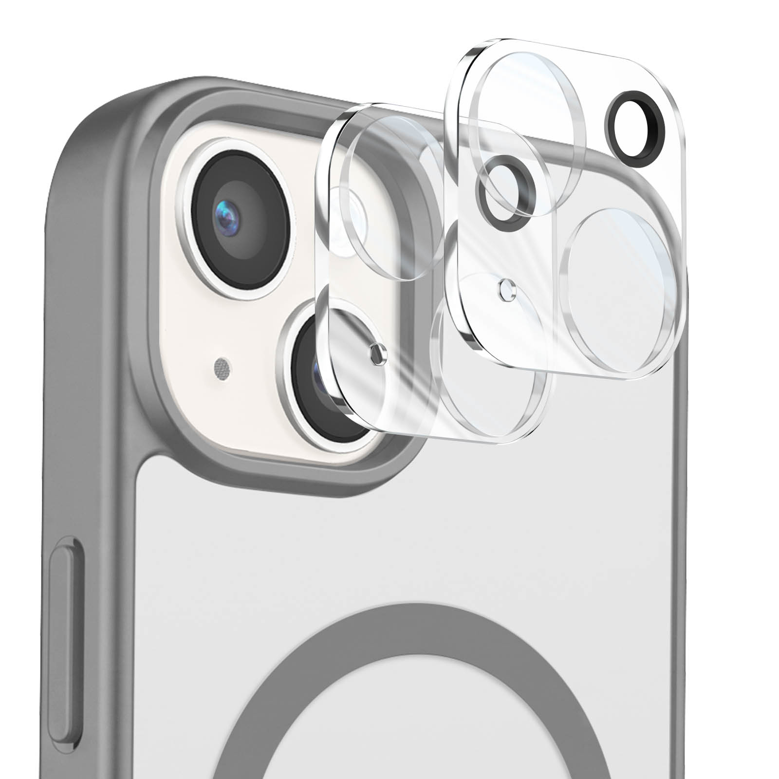 Transparente Glas-Linsenschützer schweben über der Dualkamera eines grauen Smartphones.