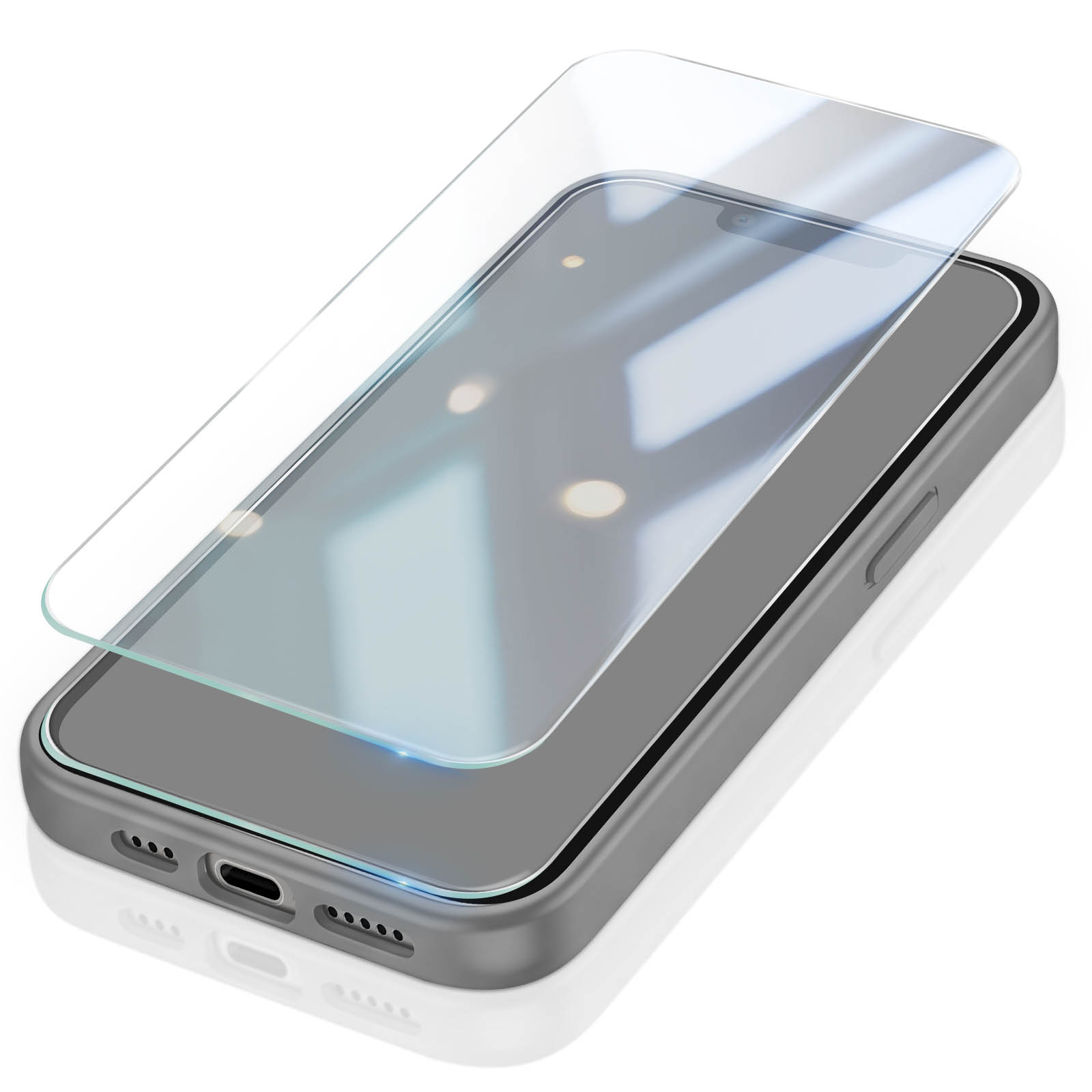 Ein Smartphone mit einer transparenten Schutzfolie, die leicht darüber schwebt.