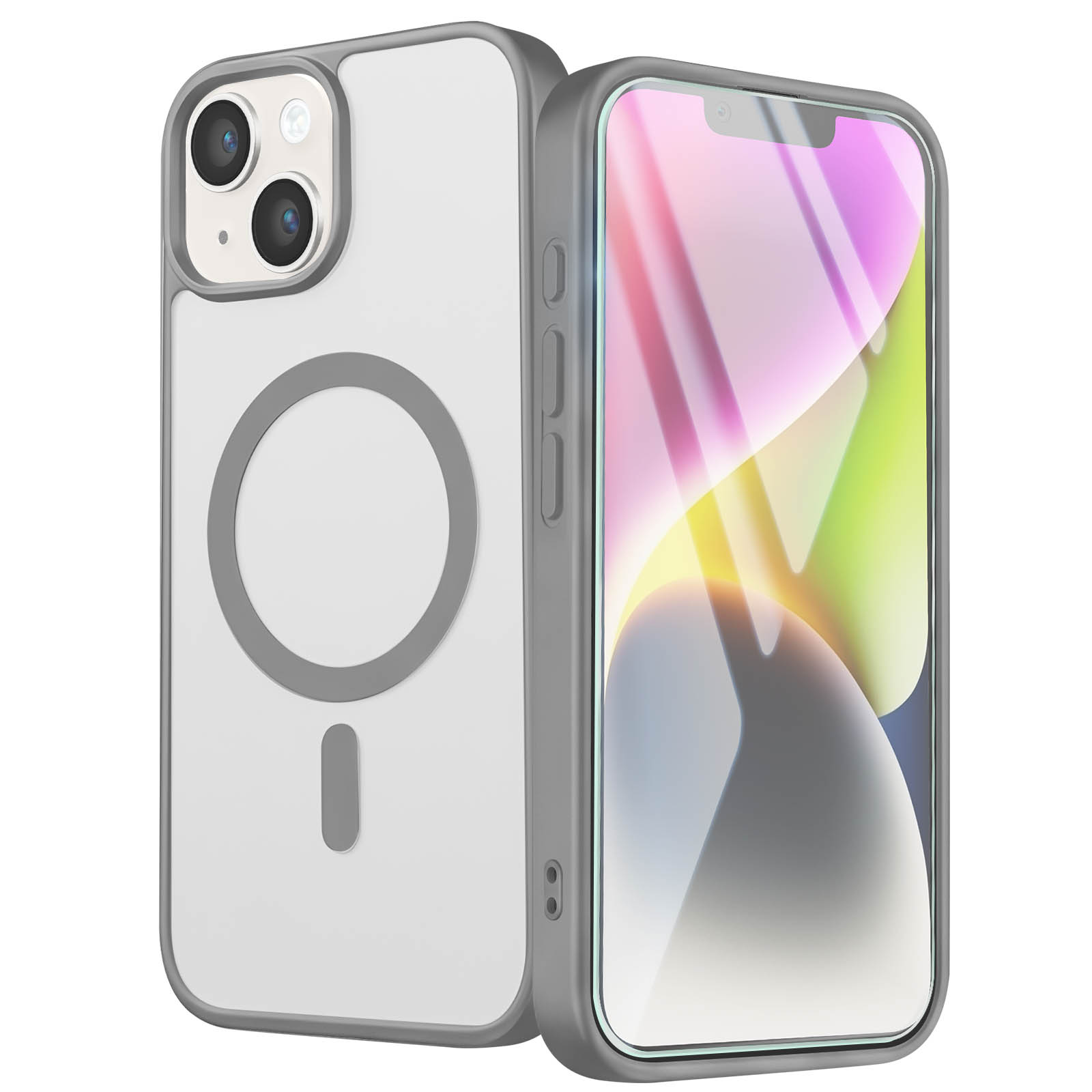 Ein Smartphone mit grauer Schutzhülle, MagSafe-Ring auf der Rückseite und buntem Display.