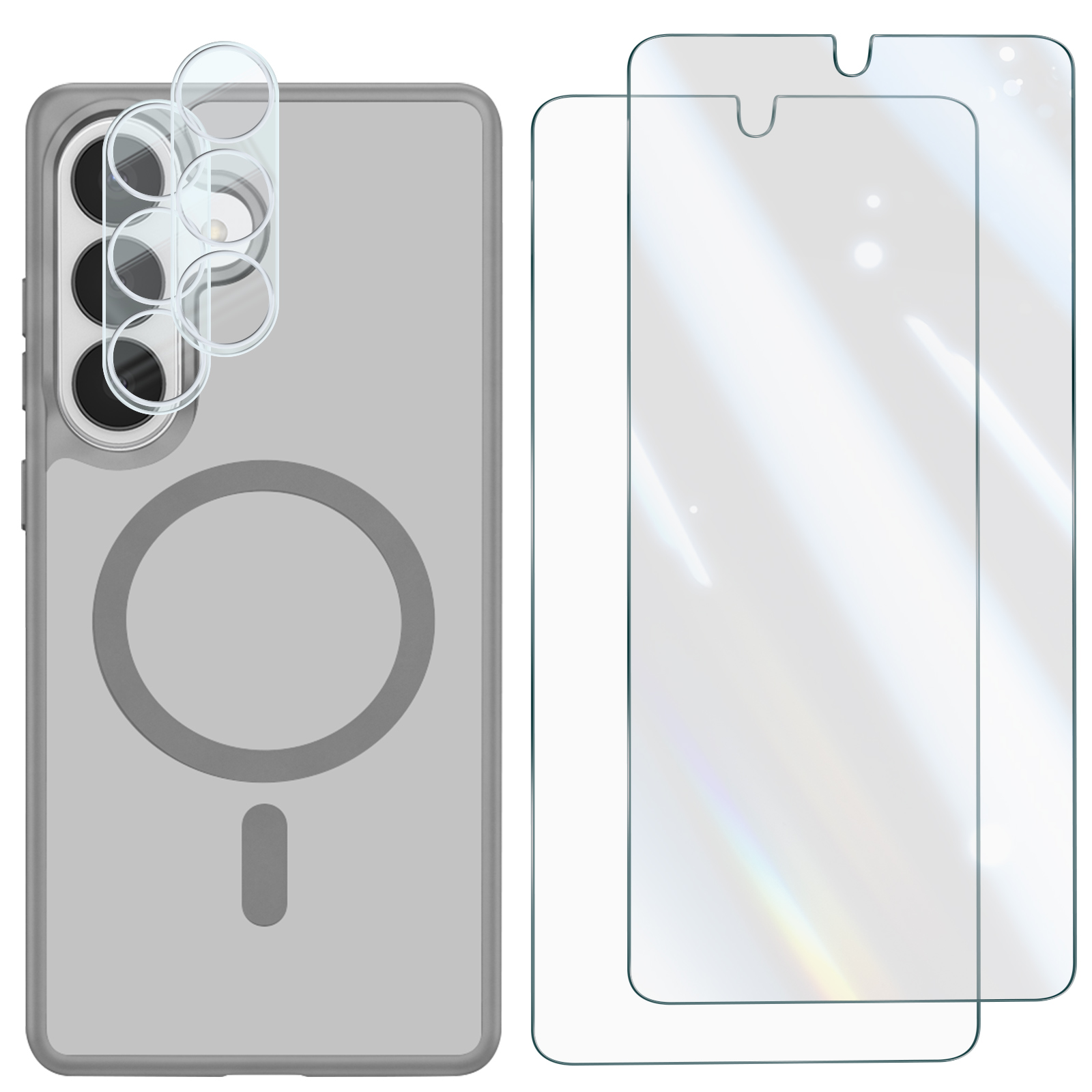 Graue Schutzhülle mit MagSafe-Ring, Kamera- und Displayschutzfolien.
