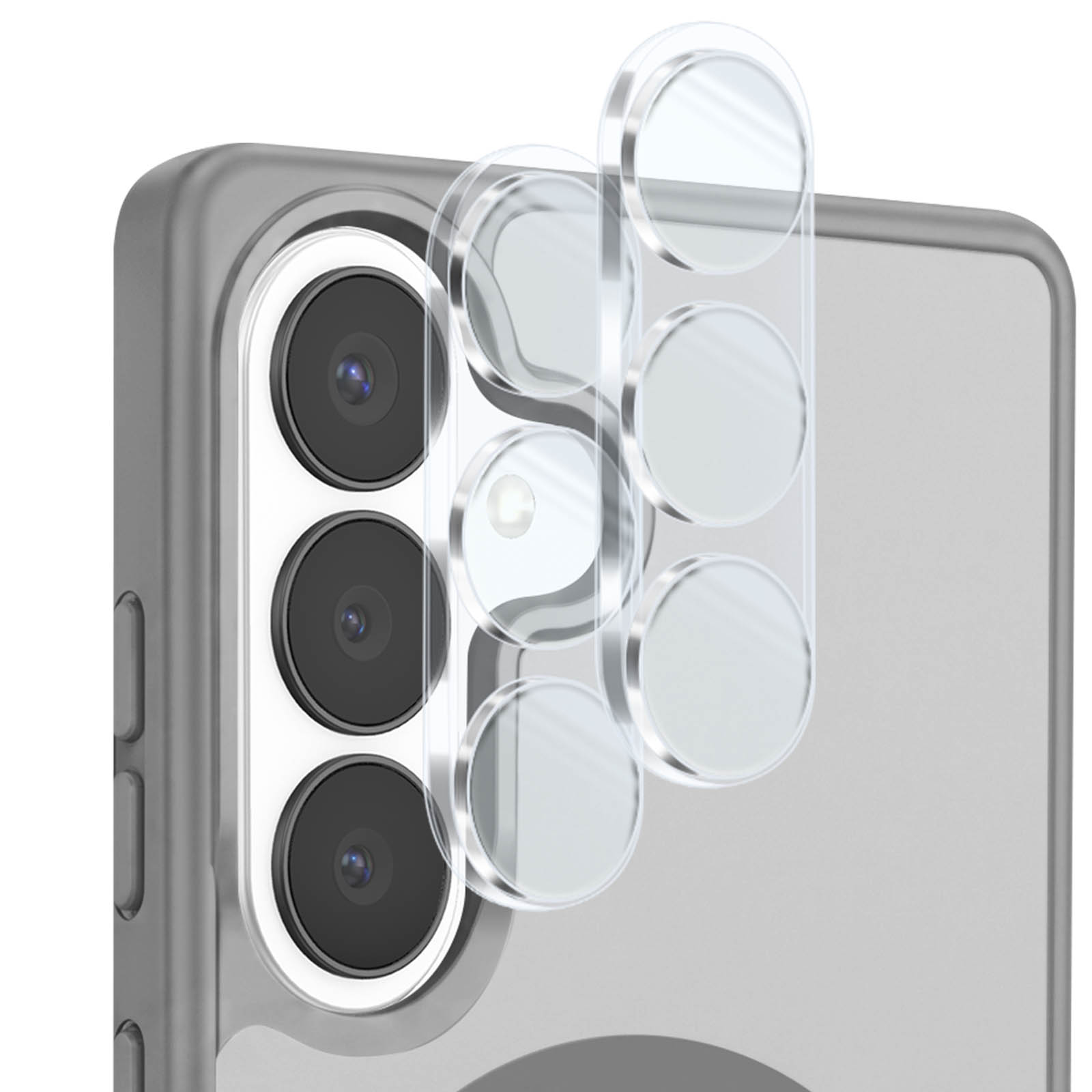 Transparentes Kameraschutzglas wird auf der Rückseite eines grauen Smartphones angebracht.