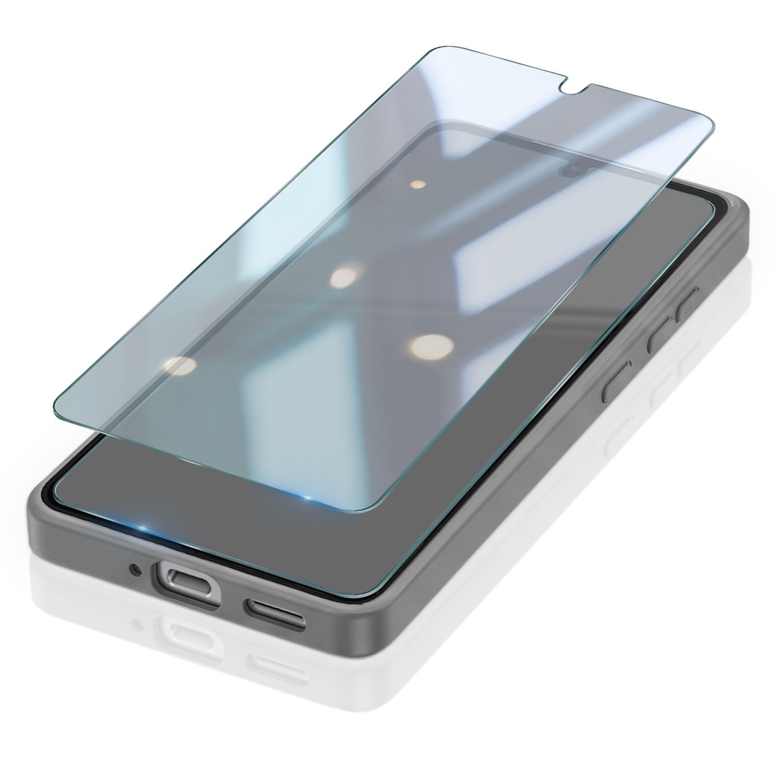 Ein Smartphone in Schutzhülle mit einer darüber schwebenden Schutzfolie.