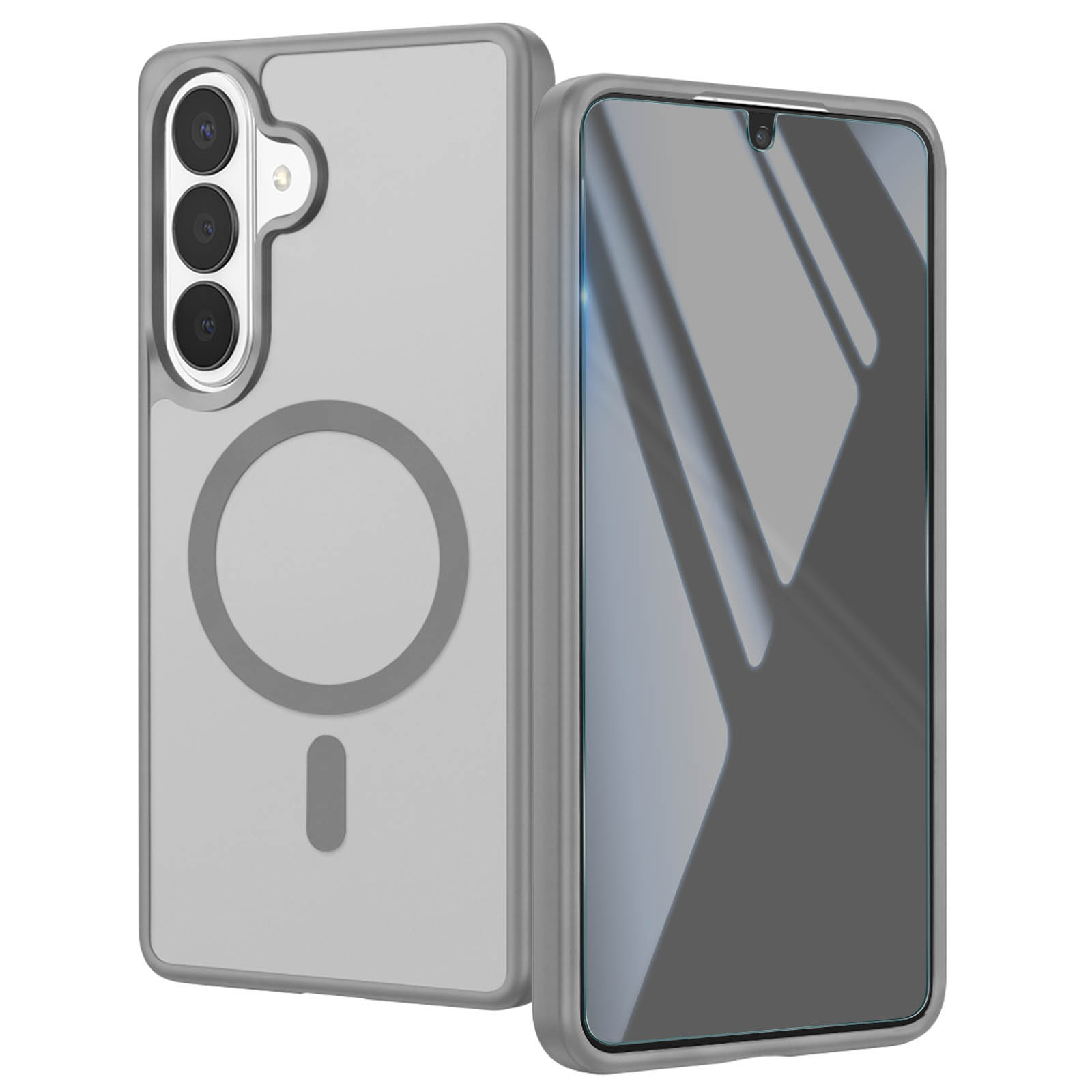 Graue Smartphone-Hülle mit MagSafe-Ring und dreifacher Kamera, daneben das Display.
