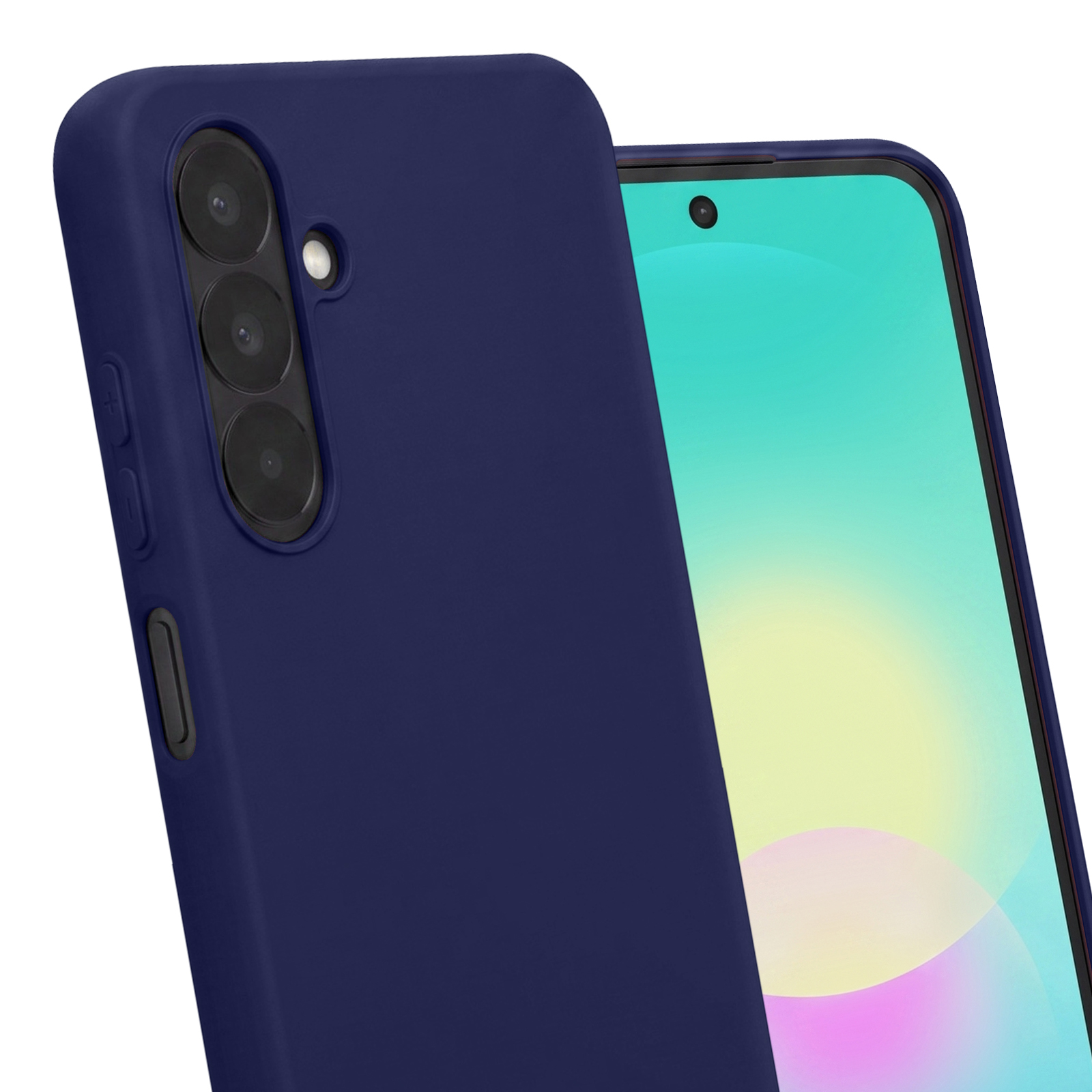Dunkelblaue Schutzhülle für ein Smartphone mit Dreifachkamera und hellem Display.