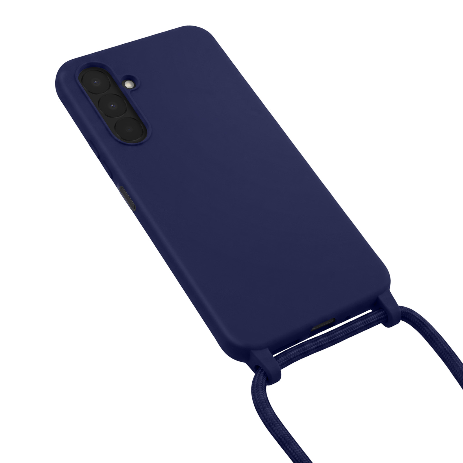 Dunkelblaue Schutzhülle für ein Smartphone mit drei Kameras und passendem Umhängeband auf weißem Hintergrund.