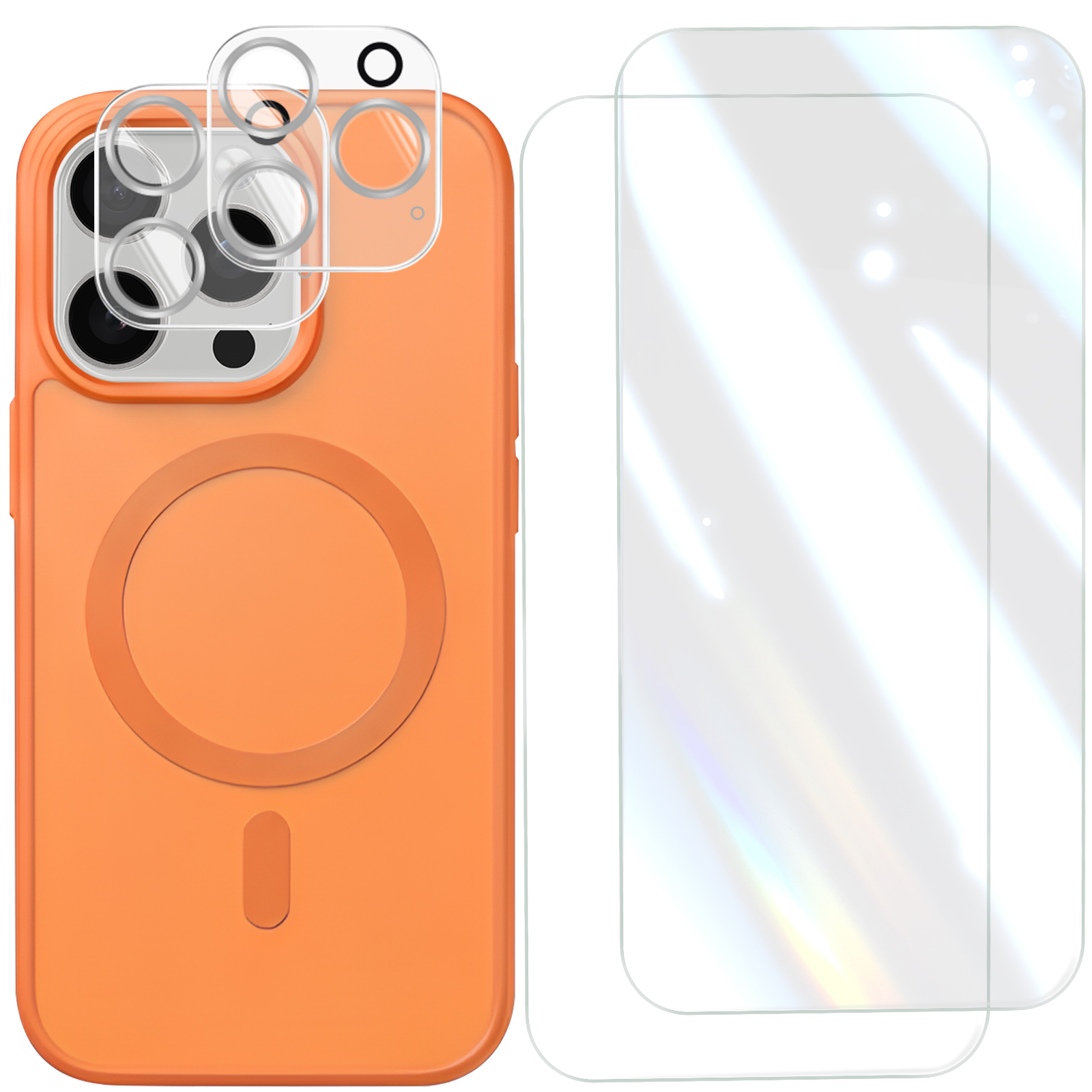 Orangene Smartphone-Hülle, Kamera-Schutzlinsen und zwei transparente Displayschutzfolien auf weißem Grund.