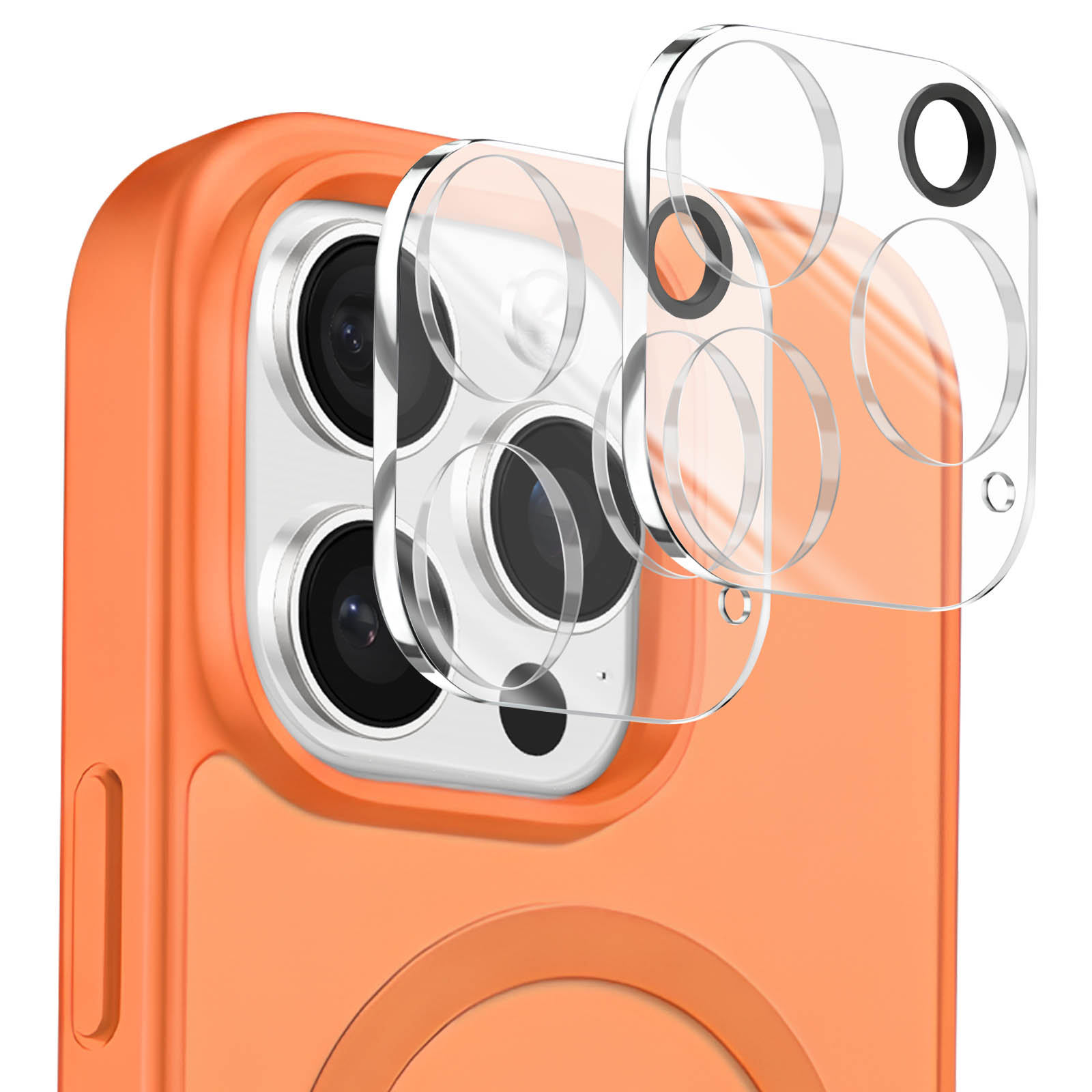 Eine orangene Telefonhülle zeigt zwei transparente Kamera-Schutzgläser, die darüber schweben.