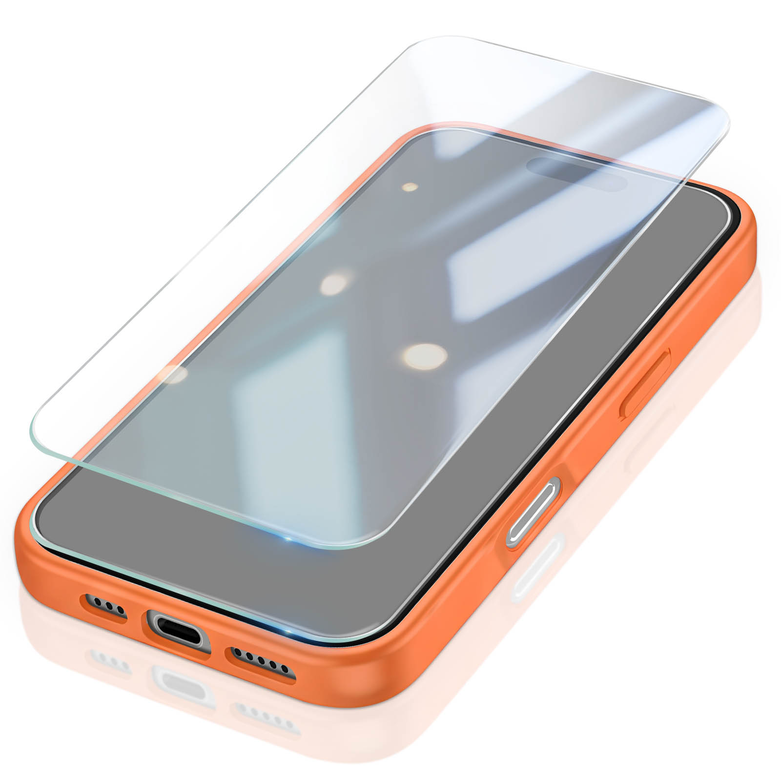 Ein Smartphone mit orangefarbener Hülle und einer leicht abgehobenen Schutzfolie aus Glas auf weißem Grund.