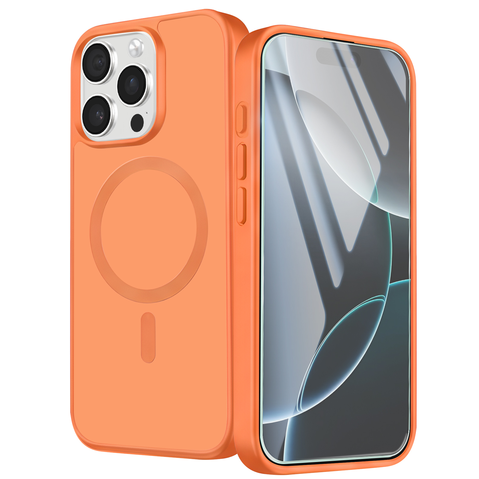 Ein Smartphone in einer leuchtend orangefarbenen Schutzhülle mit MagSafe-Ring, Vorder- und Rückseite zu sehen.