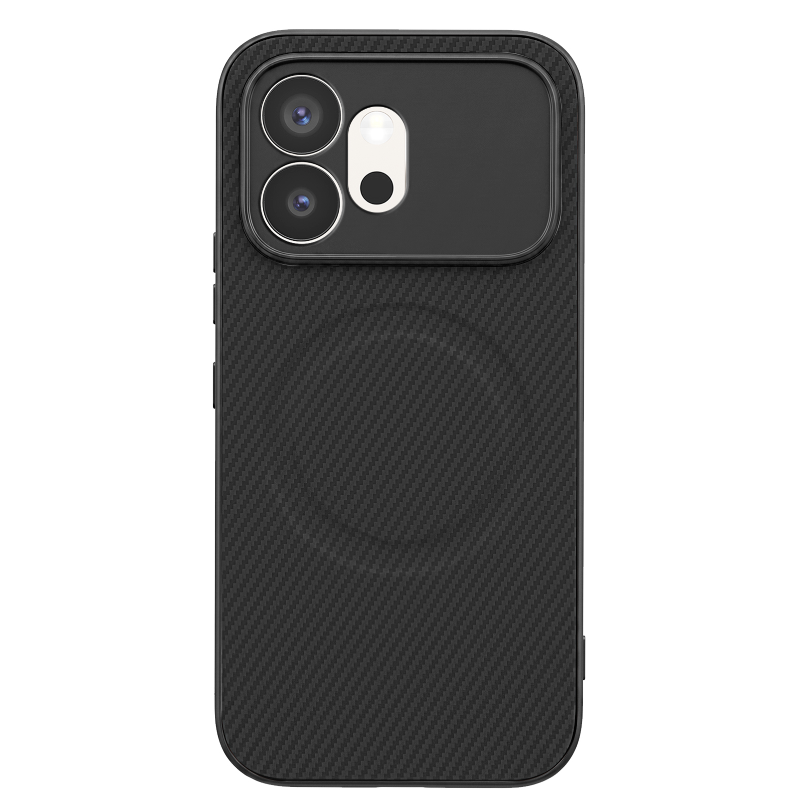 Una funda de móvil de fibra de carbono negra con dos lentes de cámara verticales y un flash.