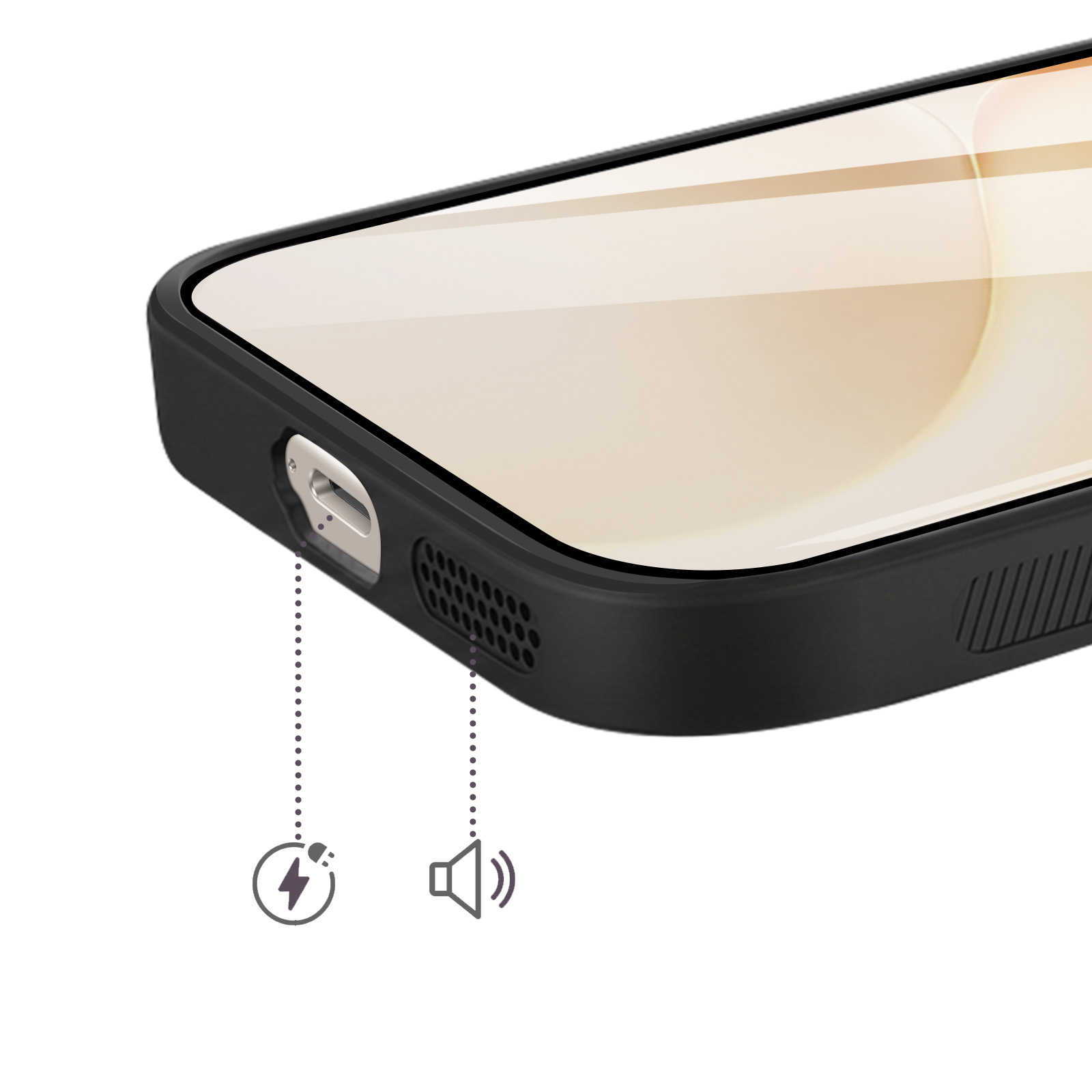Primer plano de la parte inferior de un smartphone con funda, mostrando el puerto de carga y el altavoz.