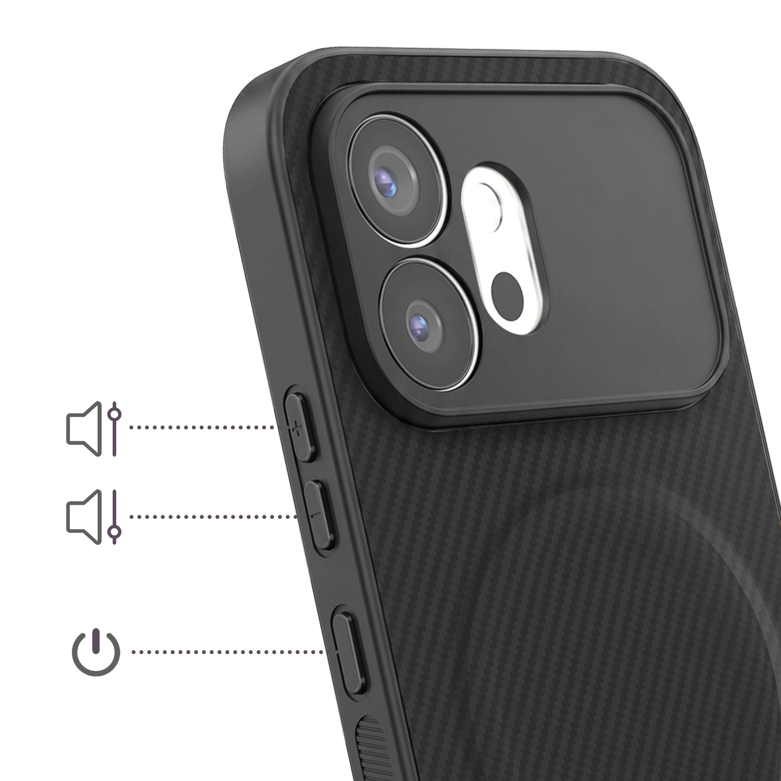 Parte trasera de una funda de carbono negra con dos cámaras y botones laterales etiquetados para volumen y encendido.