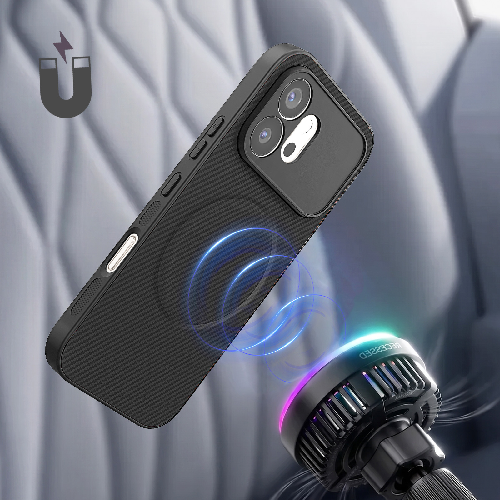 Un teléfono en funda de carbono flota sobre un soporte magnético para coche con anillos de luz azul.