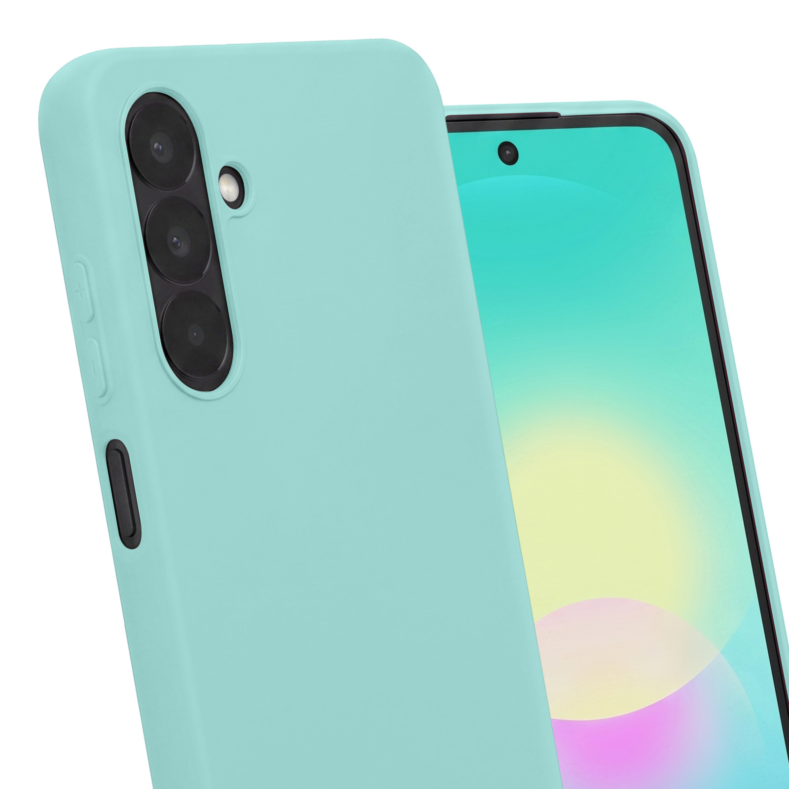 Ein mintgrünes Smartphone in einer Schutzhülle mit drei vertikalen Rückkameras auf weißem Hintergrund.