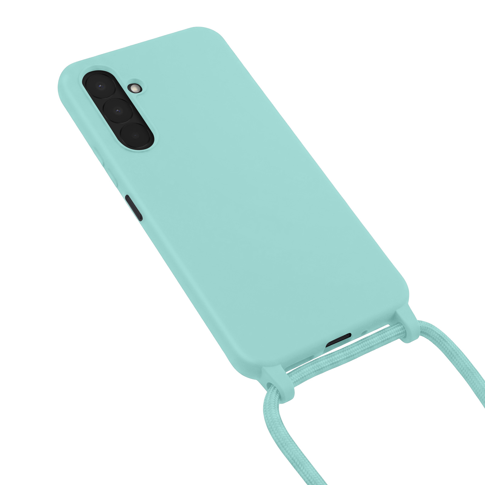 Mintgrüne Smartphone-Hülle mit integrierten Kameraringen und passendem Umhängeband auf weißem Hintergrund.