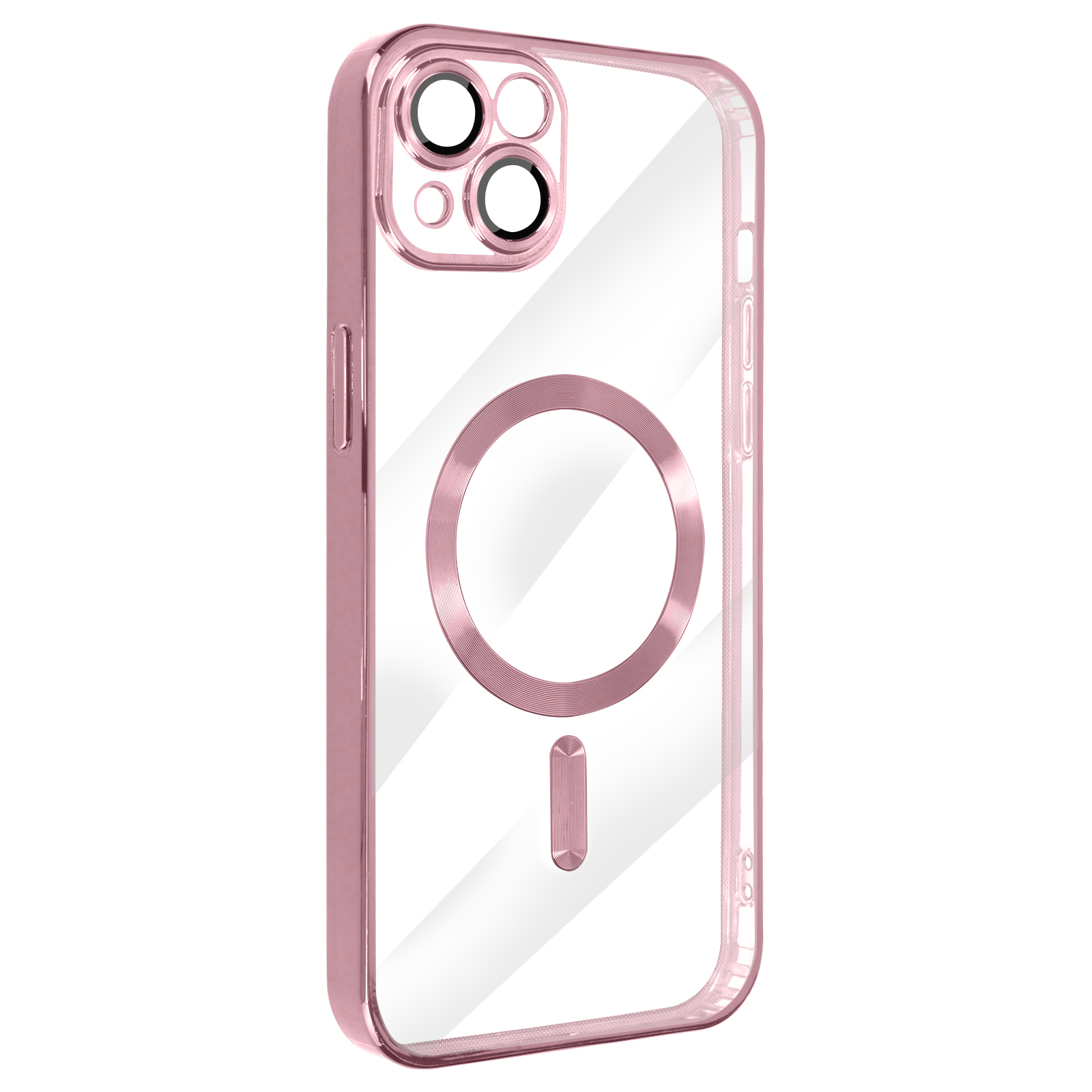 Transparente Smartphone-Hülle mit roségoldenem Rahmen und MagSafe-Ring auf weißem Hintergrund.