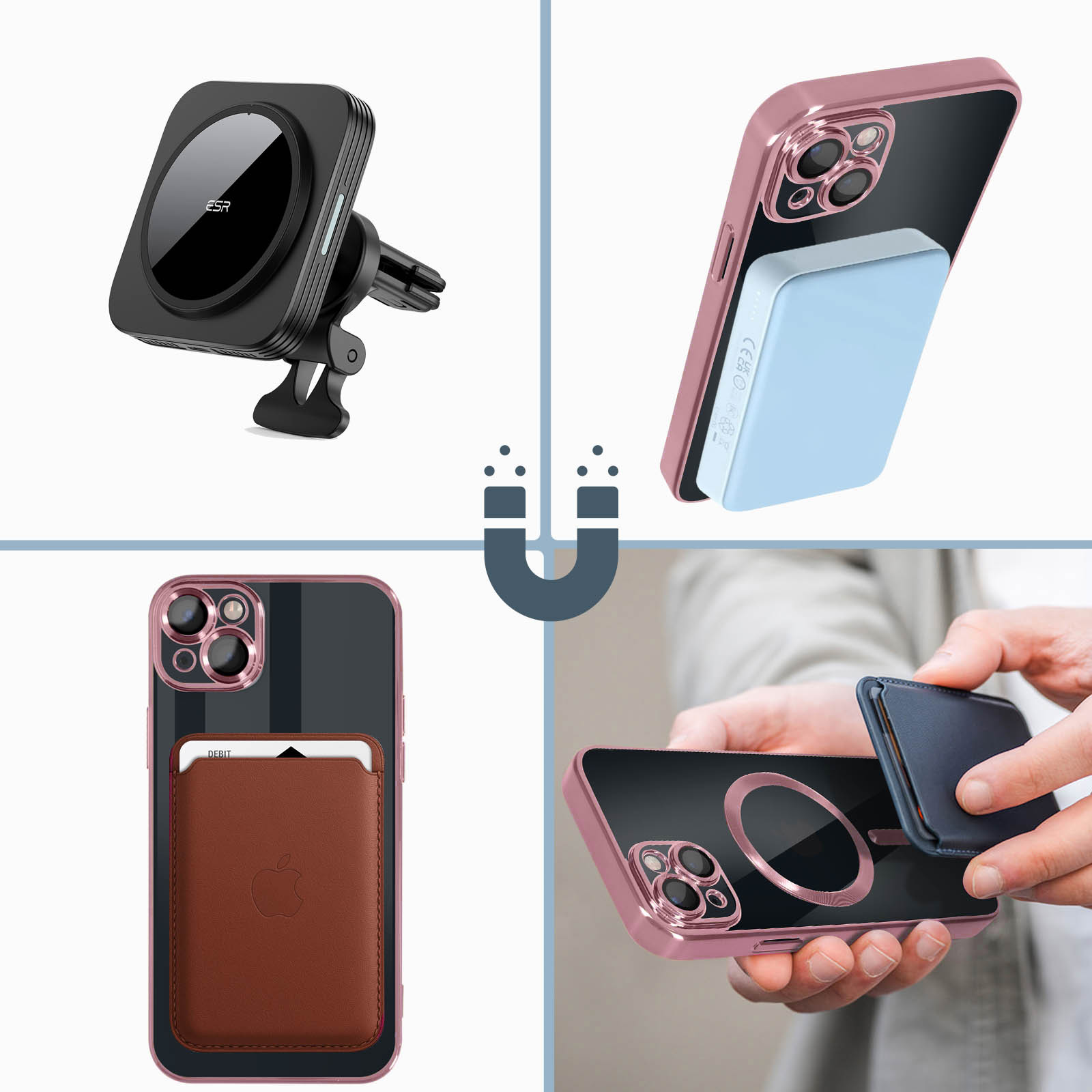 Vier Bilder zeigen magnetisches Telefonzubehör, darunter eine Autohalterung, eine Powerbank und eine Brieftasche.