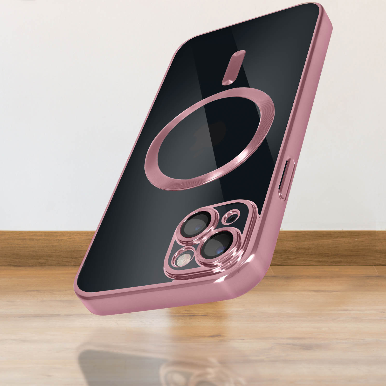 Ein rosafarbener Handy-Case schwebt in einem Raum mit Holzboden und beigen Wänden.