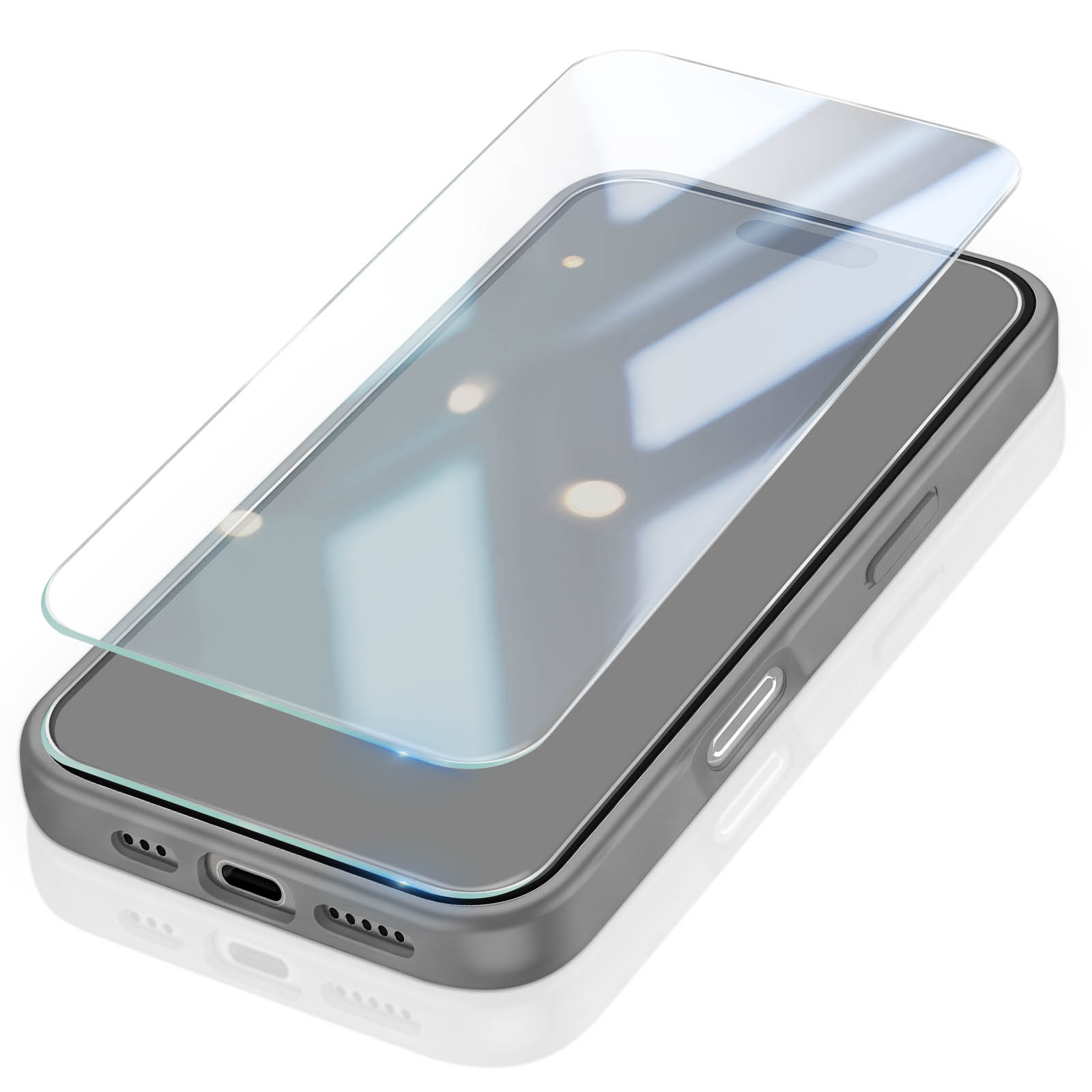 Ein Smartphone mit einer leicht abgehobenen Schutzfolie aus Glas auf weißem Hintergrund.