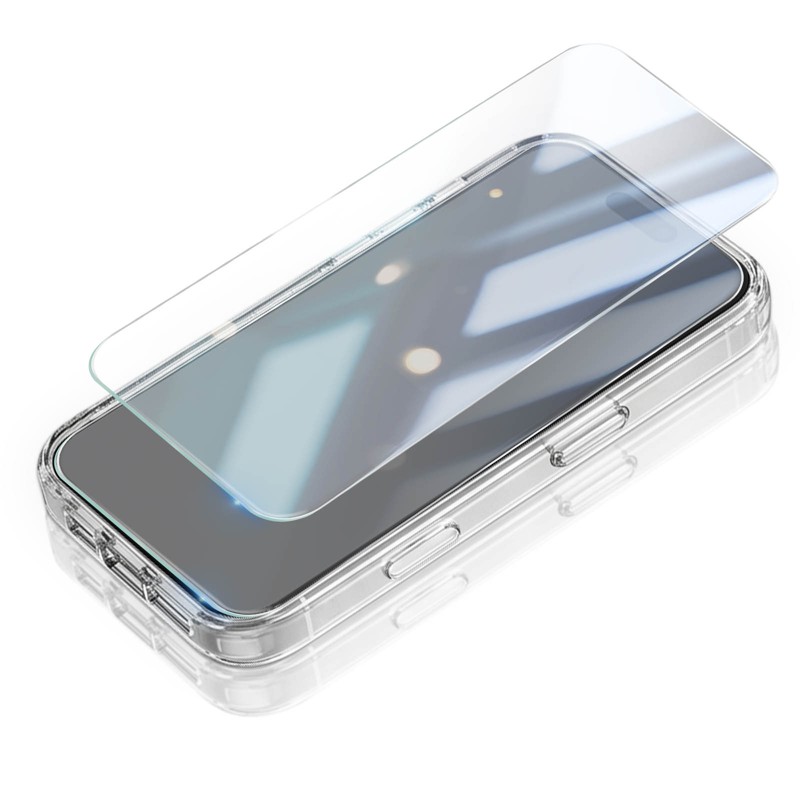 Ein klares Displayschutzglas wird über einem Smartphone in einer transparenten Hülle auf weißem Hintergrund positioniert.