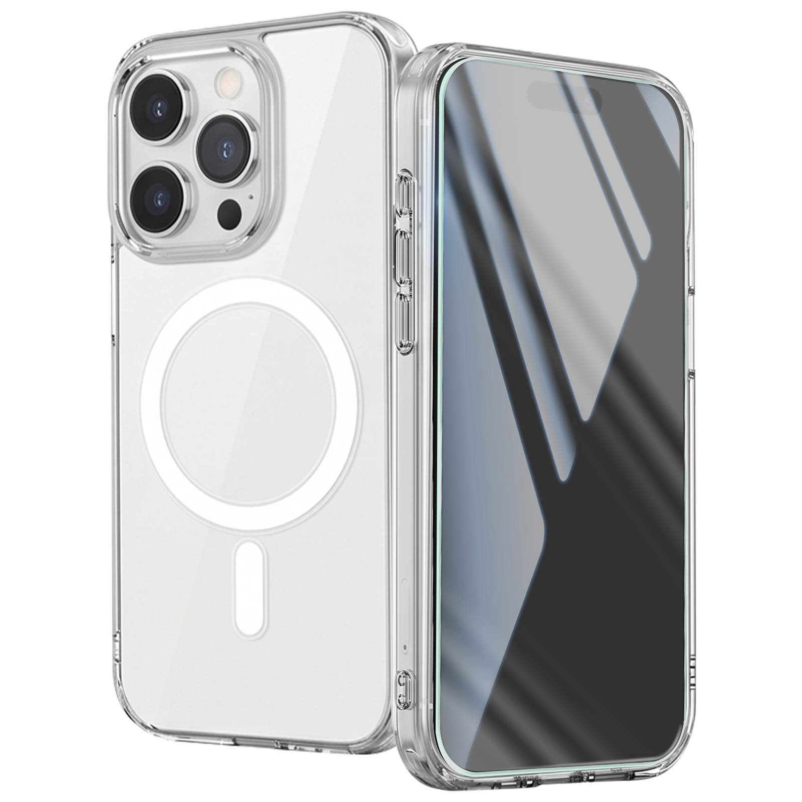 Transparente Handyhülle mit MagSafe-Ring und Displayschutz auf einem Smartphone.