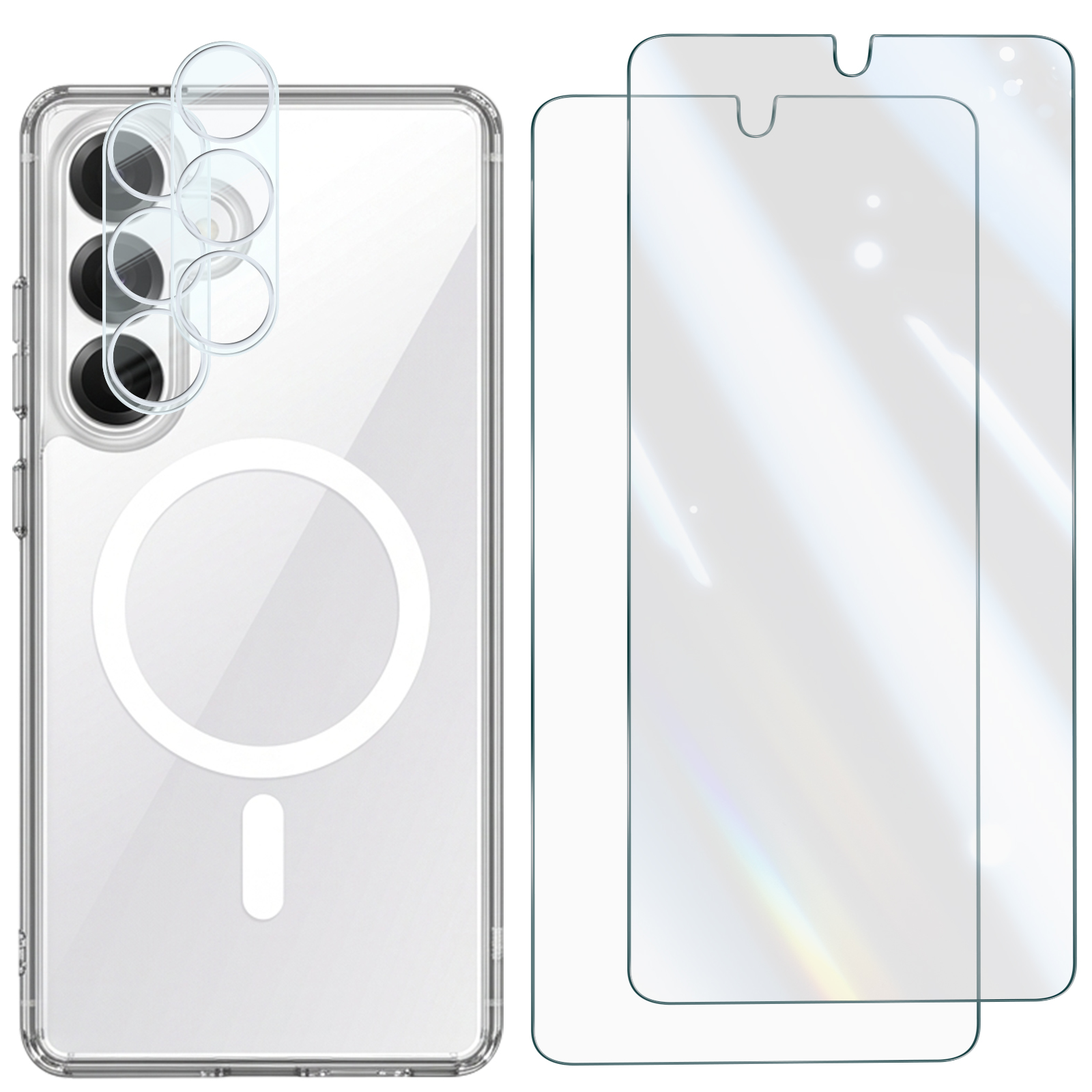 Transparente Handyhülle mit MagSafe-Ring, Kamera-Schutzringen und zwei Glas-Displayschutzfolien.