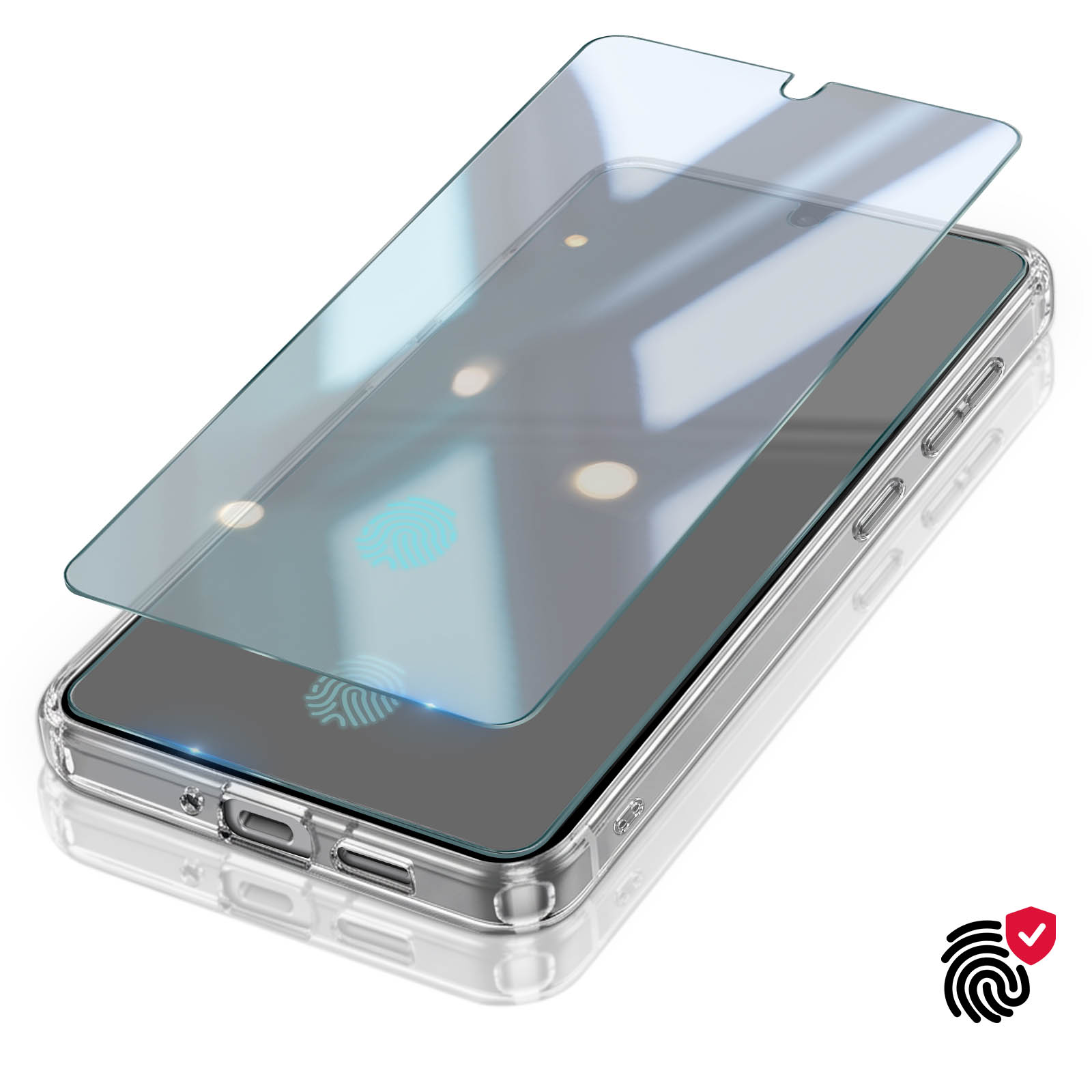 Smartphone in einer klaren Hülle mit einer Glas-Bildschirmfolie, die ein Fingerabdrucksymbol zeigt.