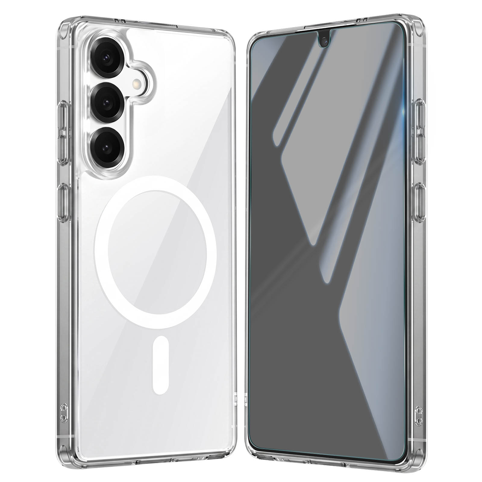 Transparente Smartphone-Hülle mit MagSafe-Ring und Displayansicht.