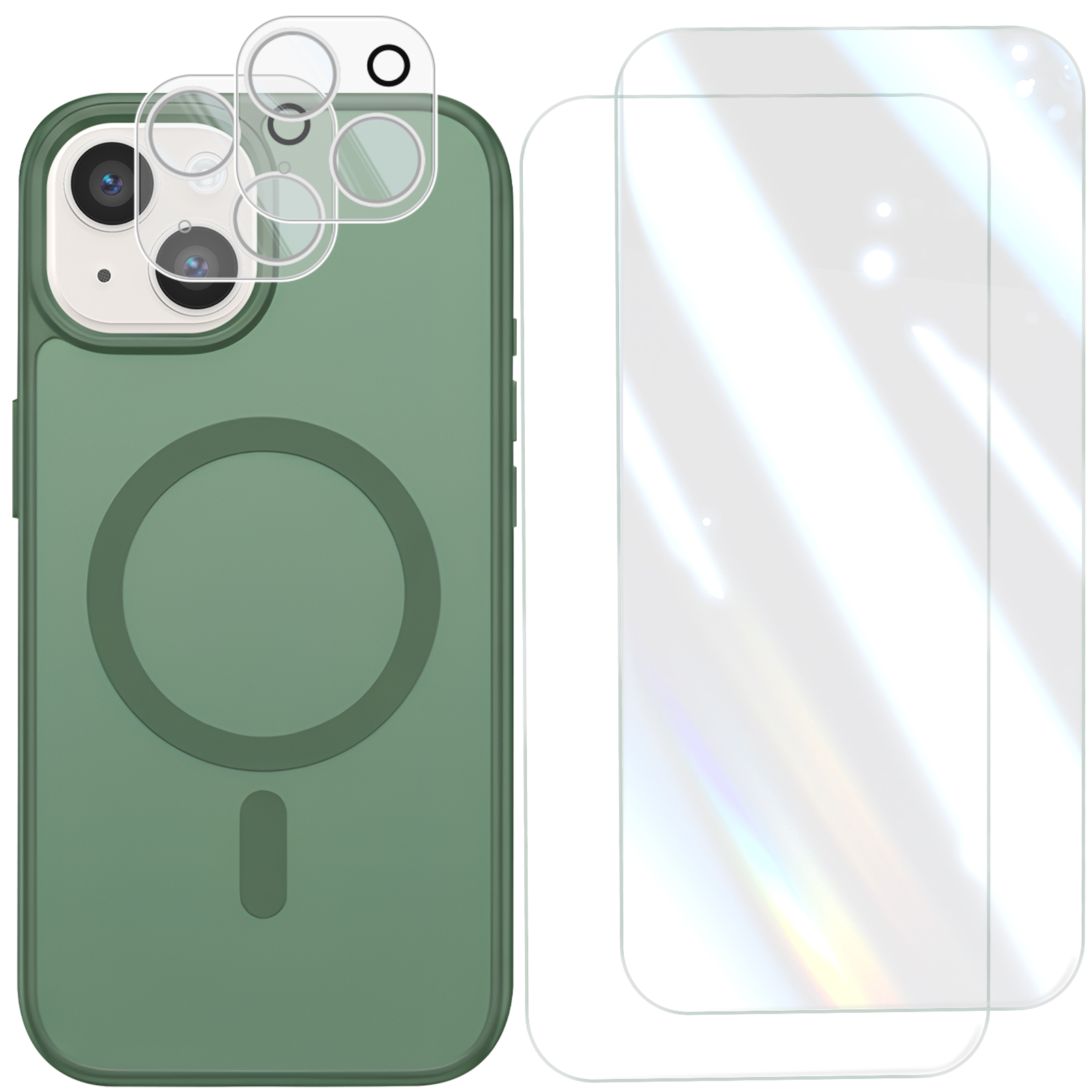 Grüne Handyhülle mit MagSafe-Kreis, Kamera-Schutzlinsen und zwei transparente Displayschutzfolien auf weißem Grund.