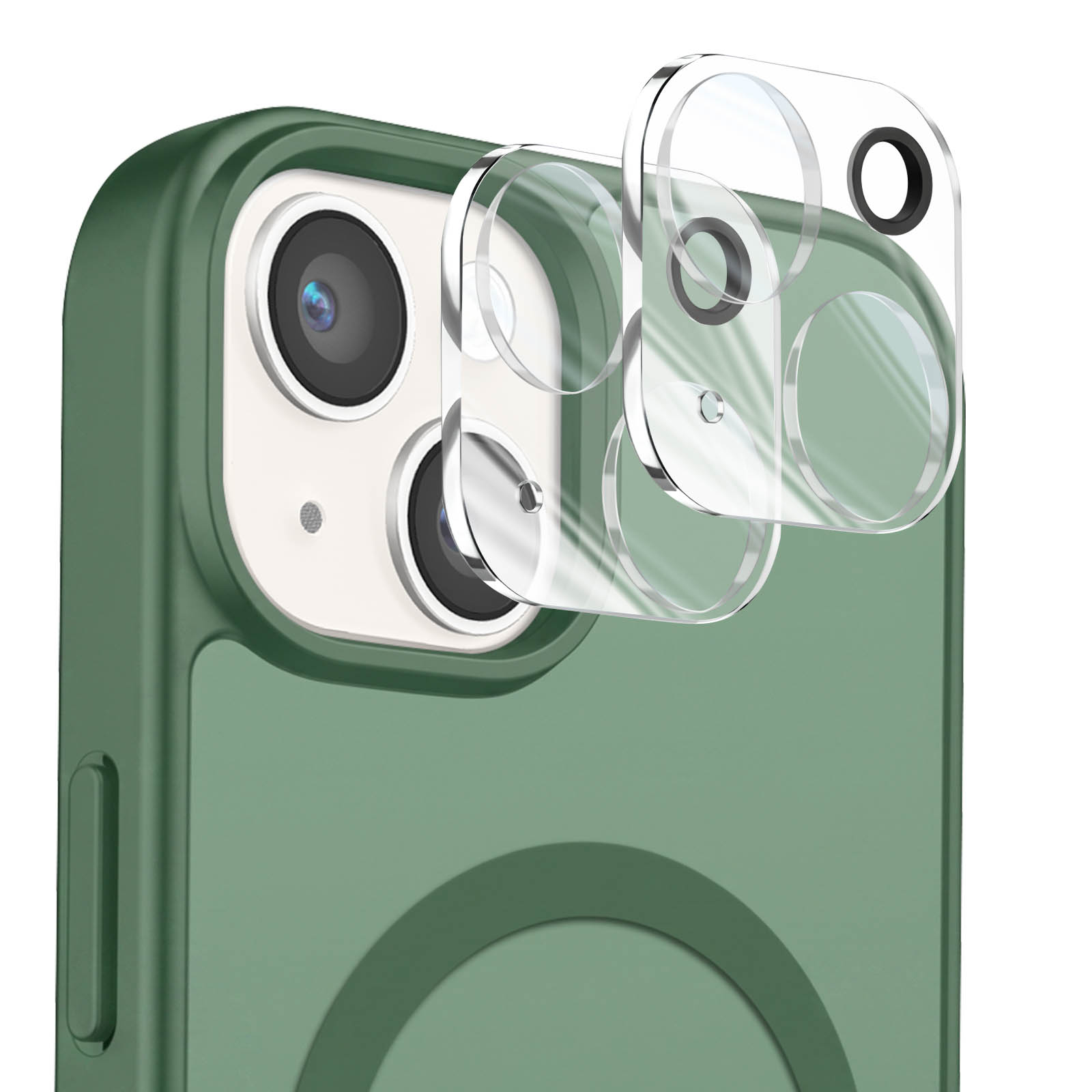 Grüne Smartphone-Hülle mit zwei Glas-Kameraschützern, die über den Linsen schweben.