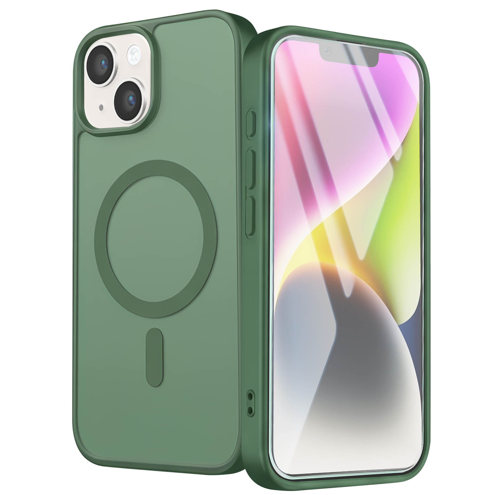 Grüne Handyhülle mit MagSafe-Ring auf der Rückseite, ein Smartphone mit farbigem Display ist daneben zu sehen.