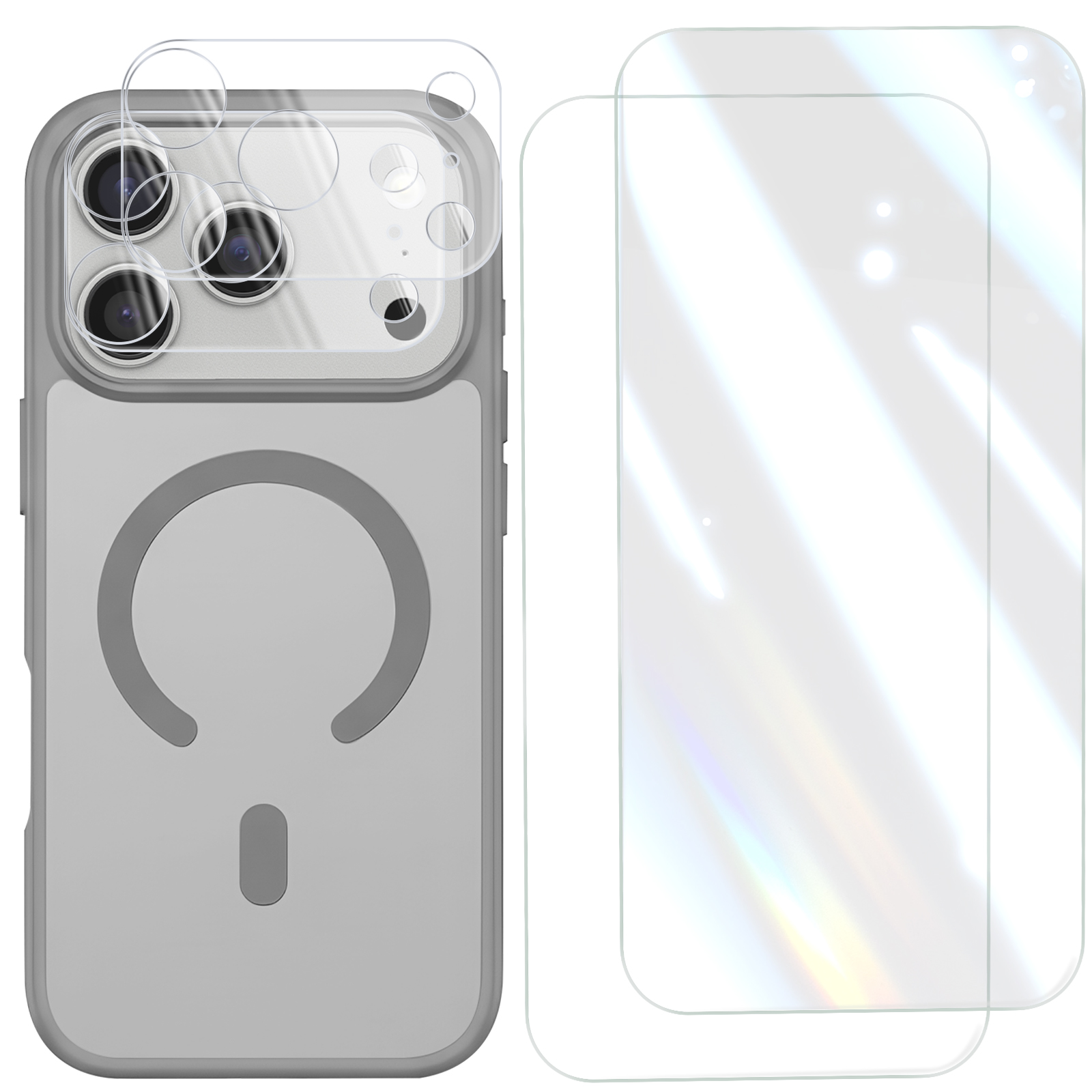Ein graues Smartphone in einer Hülle neben zwei transparenten Schutzfolien auf weißem Hintergrund.
