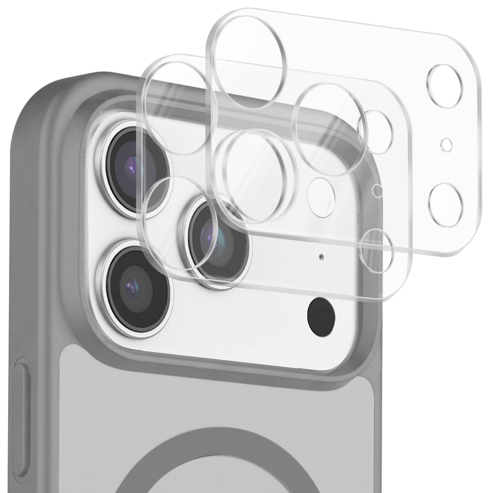 Transparente Linsenschutzfolien werden auf die Kamera eines Smartphones aufgesetzt.