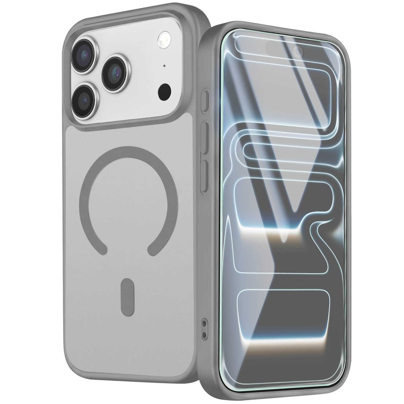 Graue Smartphone-Hülle auf Vorder- und Rückseite mit Kameras und magnetischem Kreis.