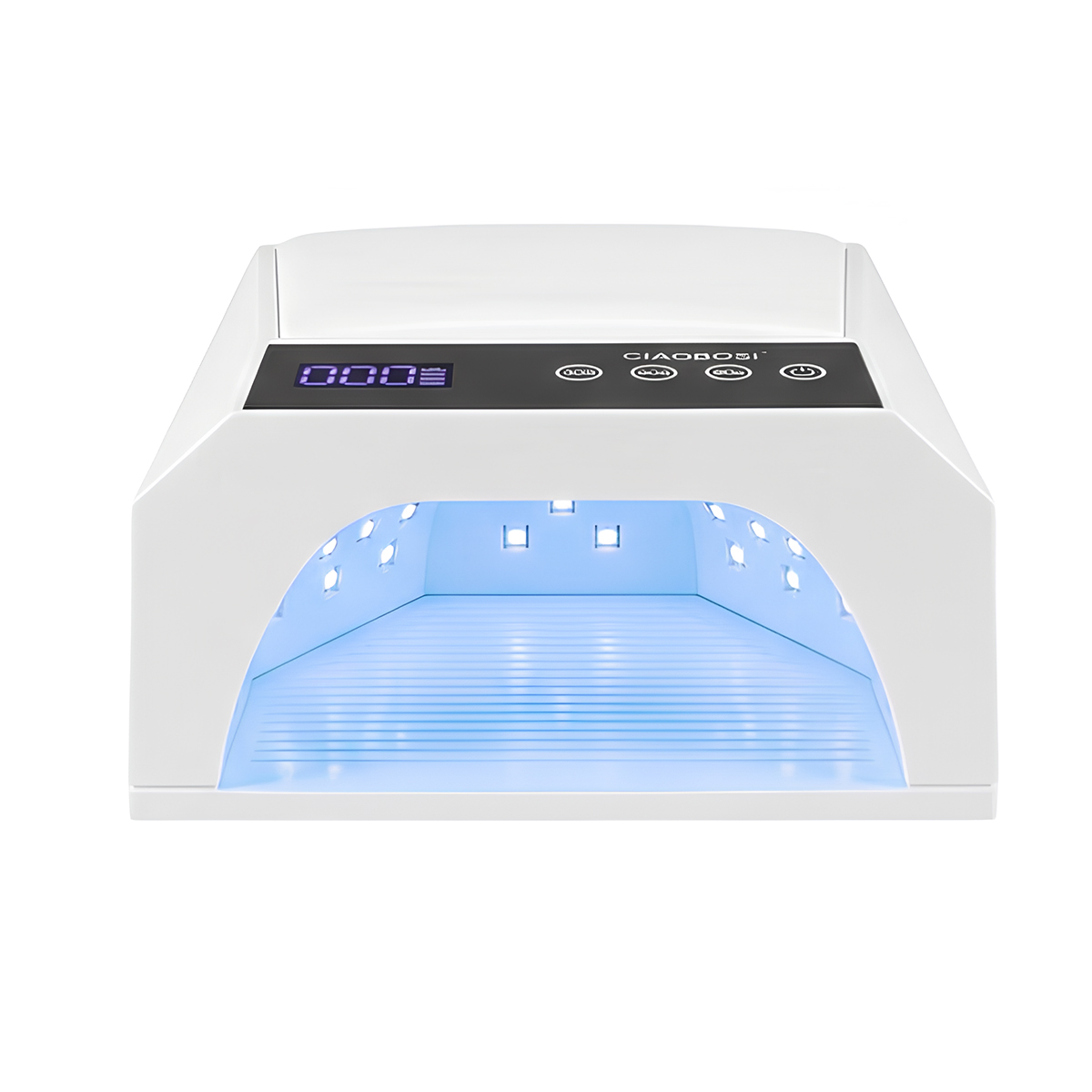 Weißes Nagelgerät mit digitalem Display und blau leuchtenden LEDs im Inneren.