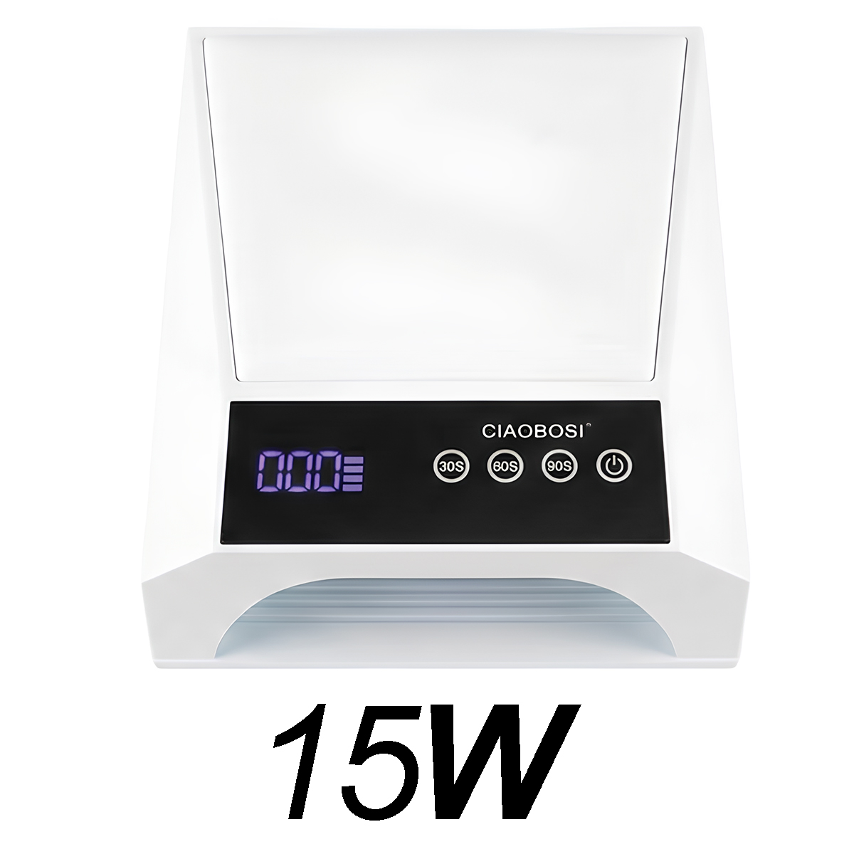 Weiße 15W Nagellampe mit schwarzem Bedienfeld, Timer-Tasten und digitalem Display über der Öffnung.