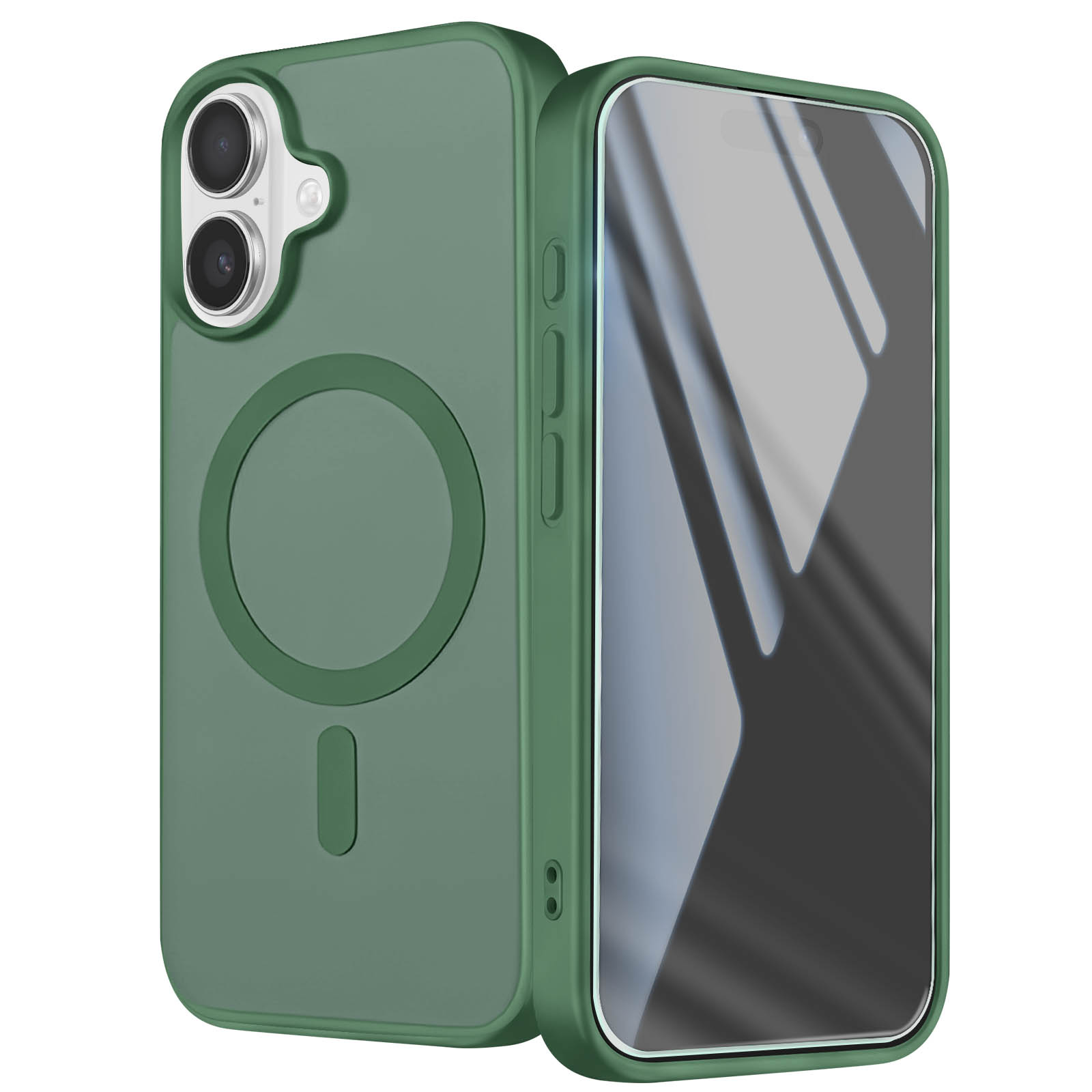 Zwei Ansichten einer grünen Smartphone-Hülle auf einem Telefon mit Rückseite und MagSafe-Ring sowie Vorderseite.