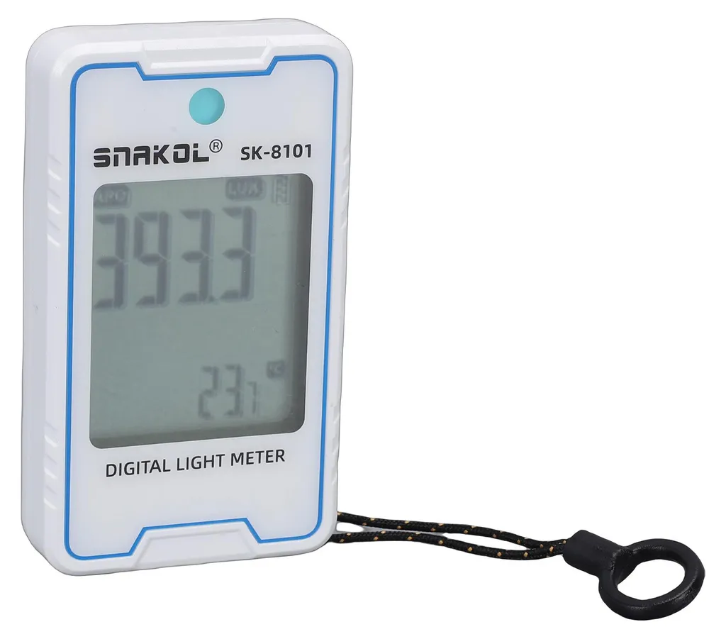 Ein weißes digitales Luxmeter mit blauem Rand, Display und einer Trageschlaufe.
