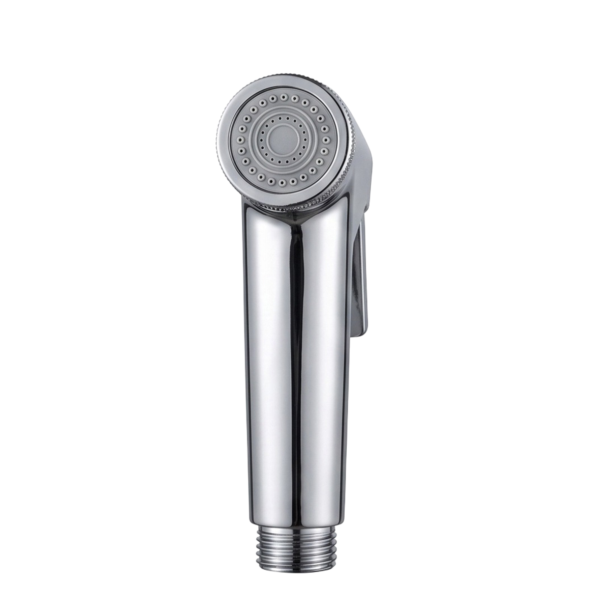 Eine glänzende, verchromte Bidet-Handbrause mit grauen Sprühdüsen auf weißem Hintergrund.