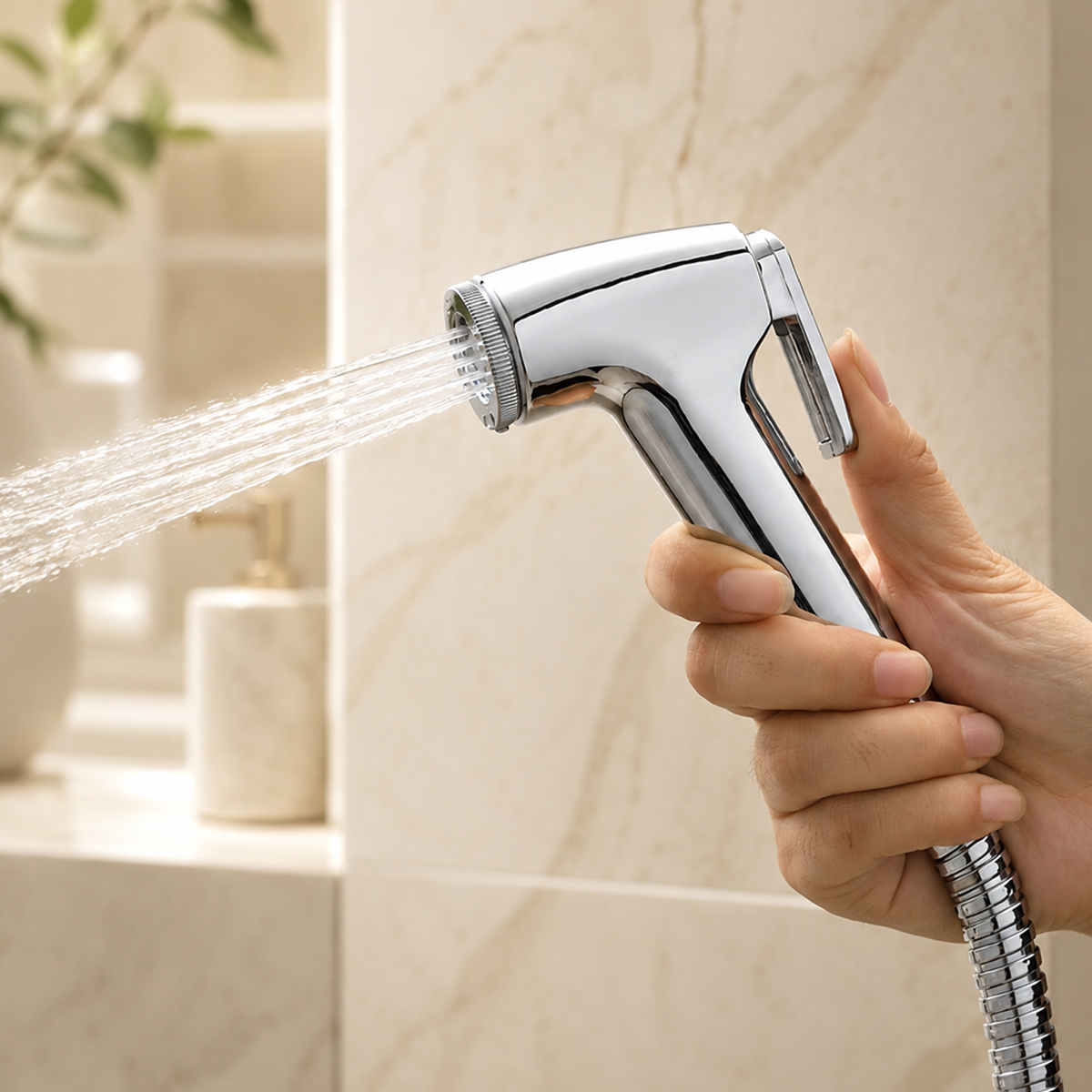 Eine Hand hält eine verchromte Bidetbrause, die vor Fliesenwasser sprüht.