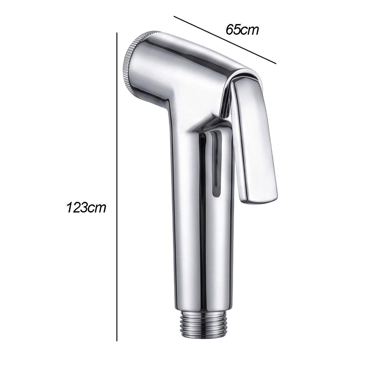 Verchromte Hand-Bidebrause mit Maßen: 123 cm Höhe und 65 cm Breite.
