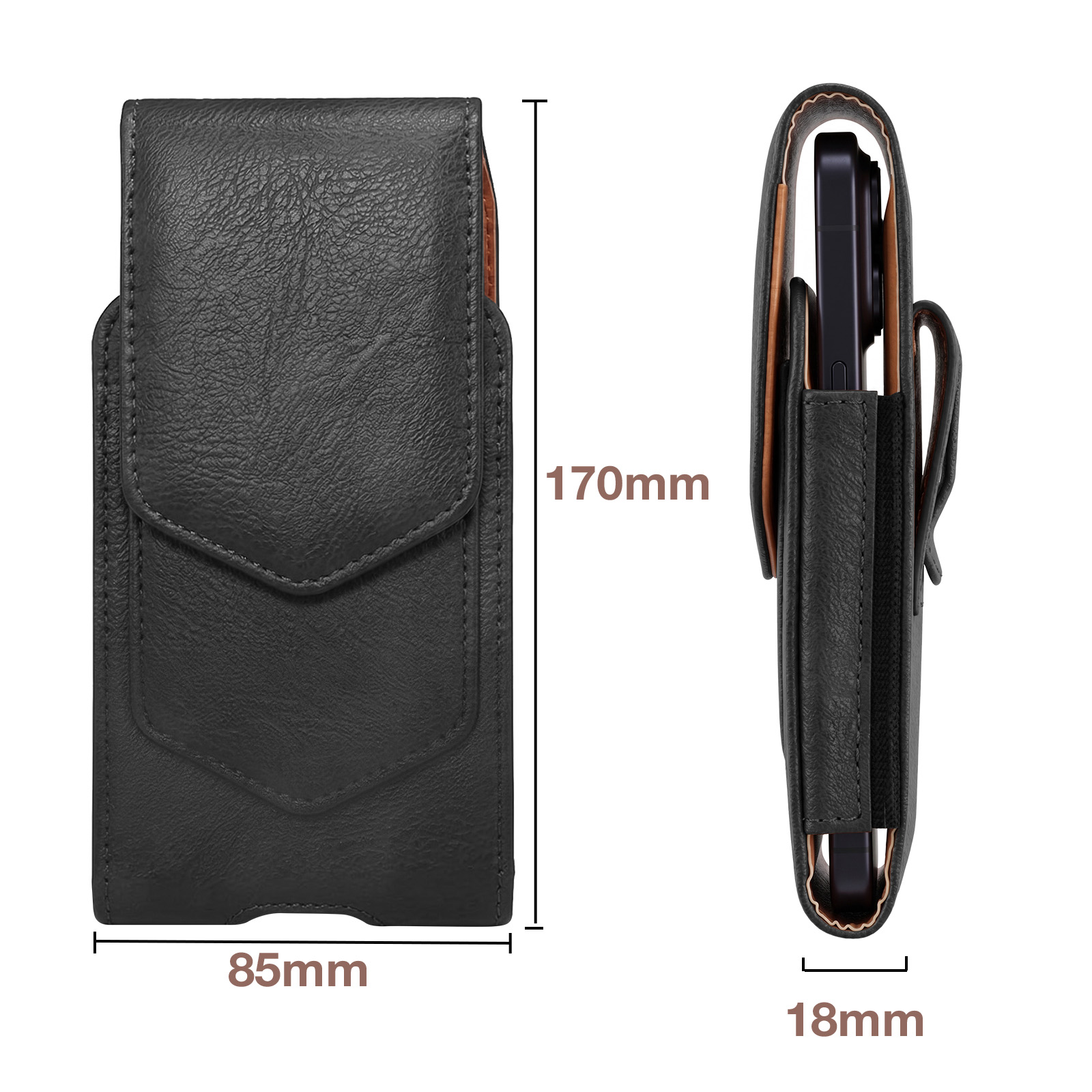 Schwarze Leder-Handytasche mit Maßen von 170mm Höhe, 85mm Breite und 18mm Dicke.