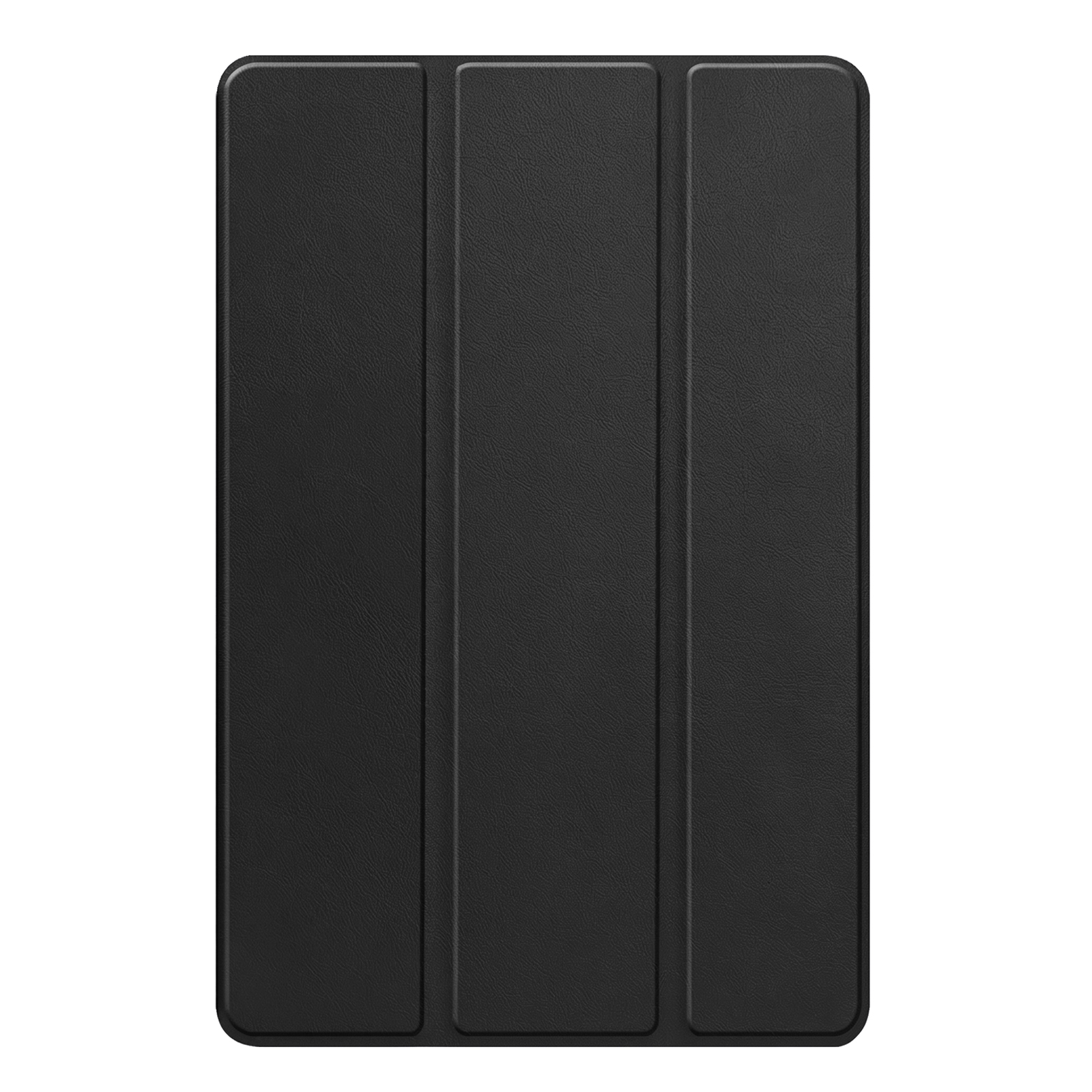 Schwarze Klapphülle für Tablets mit vertikalen Faltenlinien auf der Vorderseite.