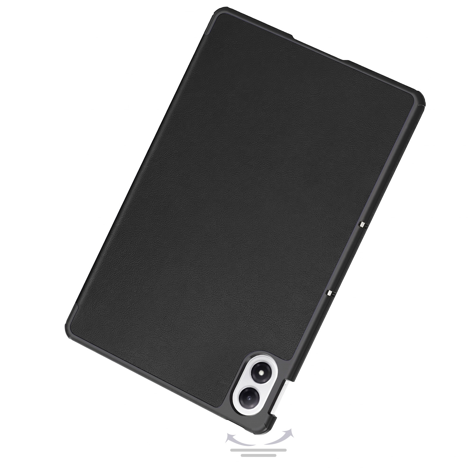 Schwarze Tablet-Hülle mit Kameraausschnitt auf weißem Hintergrund.