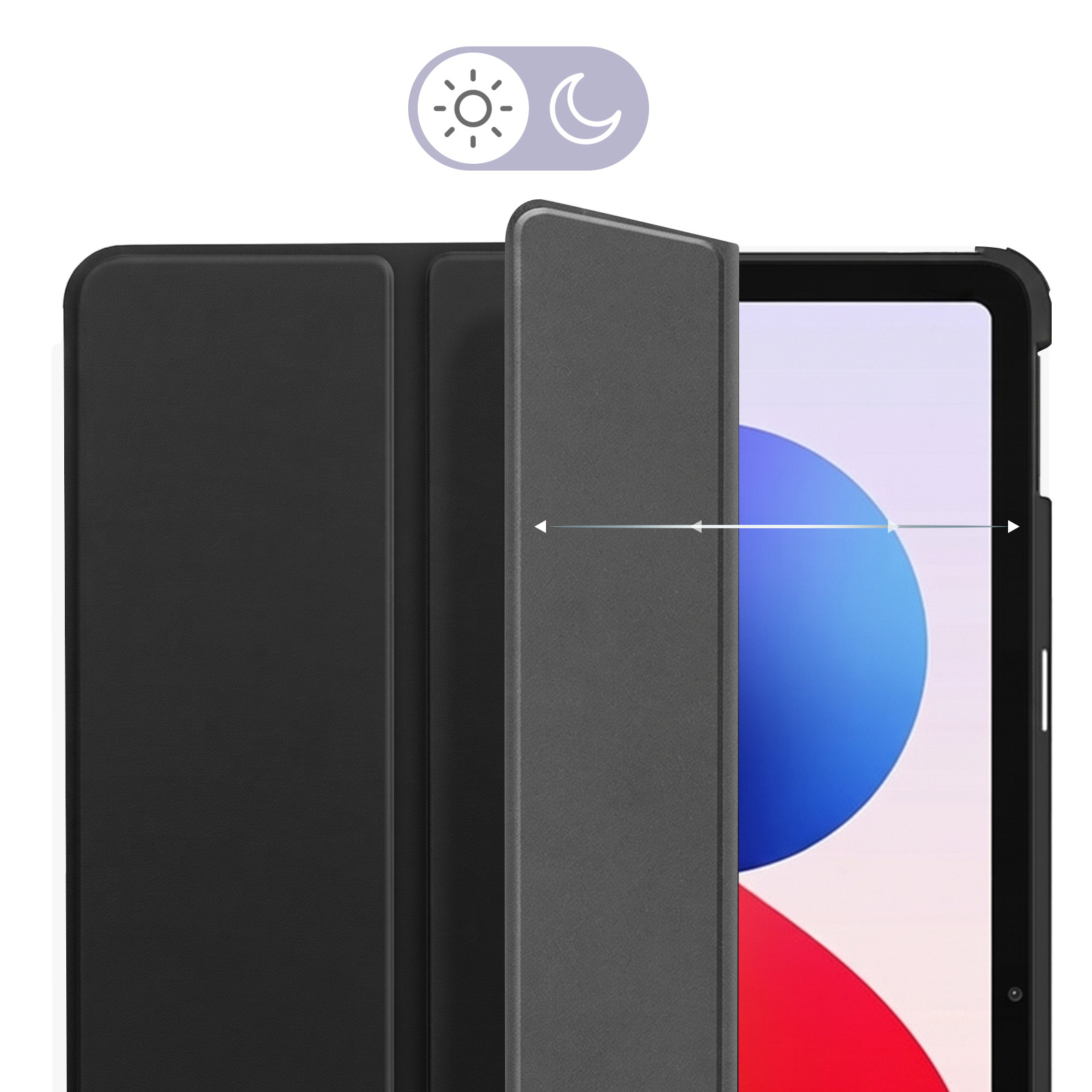 Eine schwarze Tablet-Hülle mit Klappcover und Tag-Nacht-Modus-Symbol darüber.