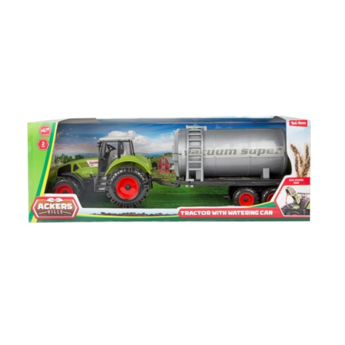 Grüner Spielzeugtraktor mit Anhänger und Wassertank in einer Schachtel vor ländlichem Hintergrund.